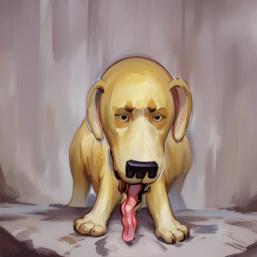 <lora:Stogie_Mission_Hilll:1.5>mh_stogie, yellow_dog, unibrow, bags_under_eyes, tail, tongue, looking at viewer, portrait,, source_cartoon, score_9, score_8_up, score_7_up,