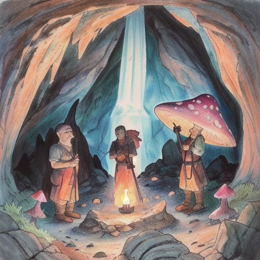 armok, traditional media, three people standing in a cavern holding torches and pickaxes, giant mushroom, rocks, waterfall,