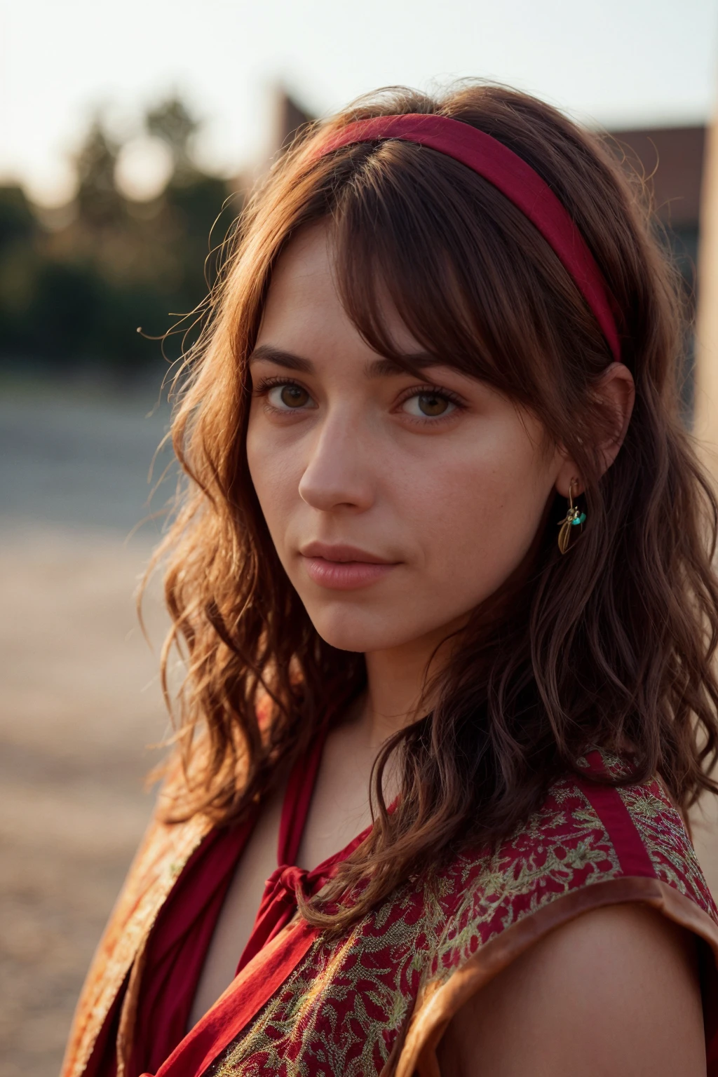 Realistic portrait of an hispanic woman with curly auburn hair, wearing a crimson gypsy tunic with yellow vests, (red headband:1.1), circle earrings, sash, leather belt, leather gloves, (hungry:1.3), She stands against a backdrop of soft, golden evening sunlight, casting a gentle warmth on her features. fantasy, <lora:[VG]_-_Ezmeralda_DAvenir_v2:1>, RAW candid cinema, 16mm, color graded portra 400 film, remarkable color, ultra realistic, textured skin, remarkable detailed pupils, realistic dull skin noise, visible skin detail, skin fuzz, dry skin, shot with cinematic camera