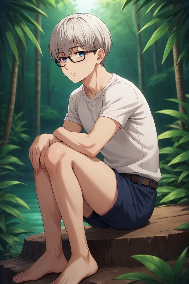 score_9, score_8_up, score_7_up, source_anime, rating_safe, intricate details, , , depth of field, 1boy, solo, male focus, <lora:shouta_doi_pony:0.74>, shouta_doi, grey hair, blue eyes, short hair, bangs, glasses, from side, jungle, night, crescent moon, knees together feet apart, heart eyes, , <lora:sdxl_lightning_8step_lora:1>