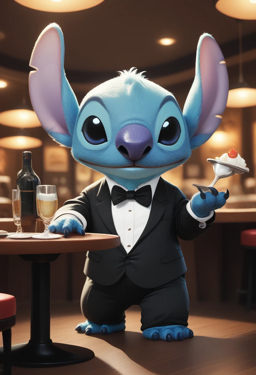 score_9, score_8_up, score_8, <lora:Experiment_626_aka_Stitch_Lilo_and_Stitch_for_PonyXL:0.8> 1boy, st1tch, black eyes, furry, restaurant, waiter, tuxedo, detailed background,