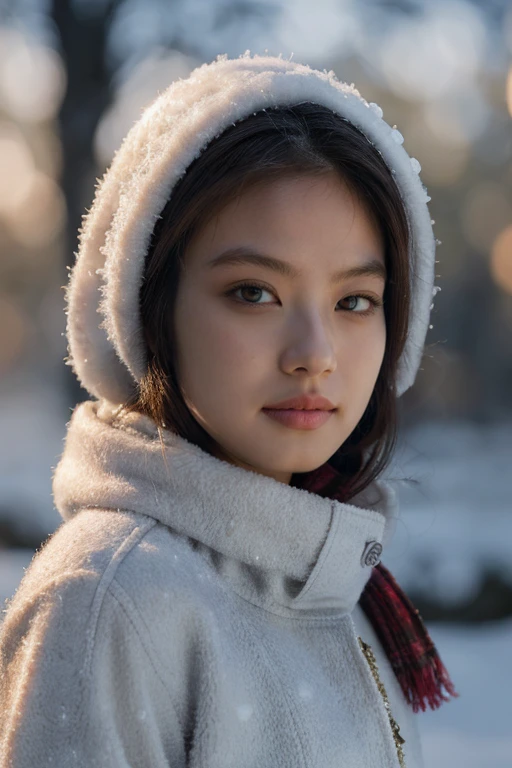 masterpiece, best quality, ultra-detailed, ultra high res, (photorealistic:1.4), raw photo, (realistic:0.2), 8k HDR, realistic lighting, 1girl, solo, looking at viewer, asymmetrical hair, (detailed oily skin), (detailed face), (snow background), (bokeh:1.2), (upper body:1.2), winter clothes, jacket, long wool scarf