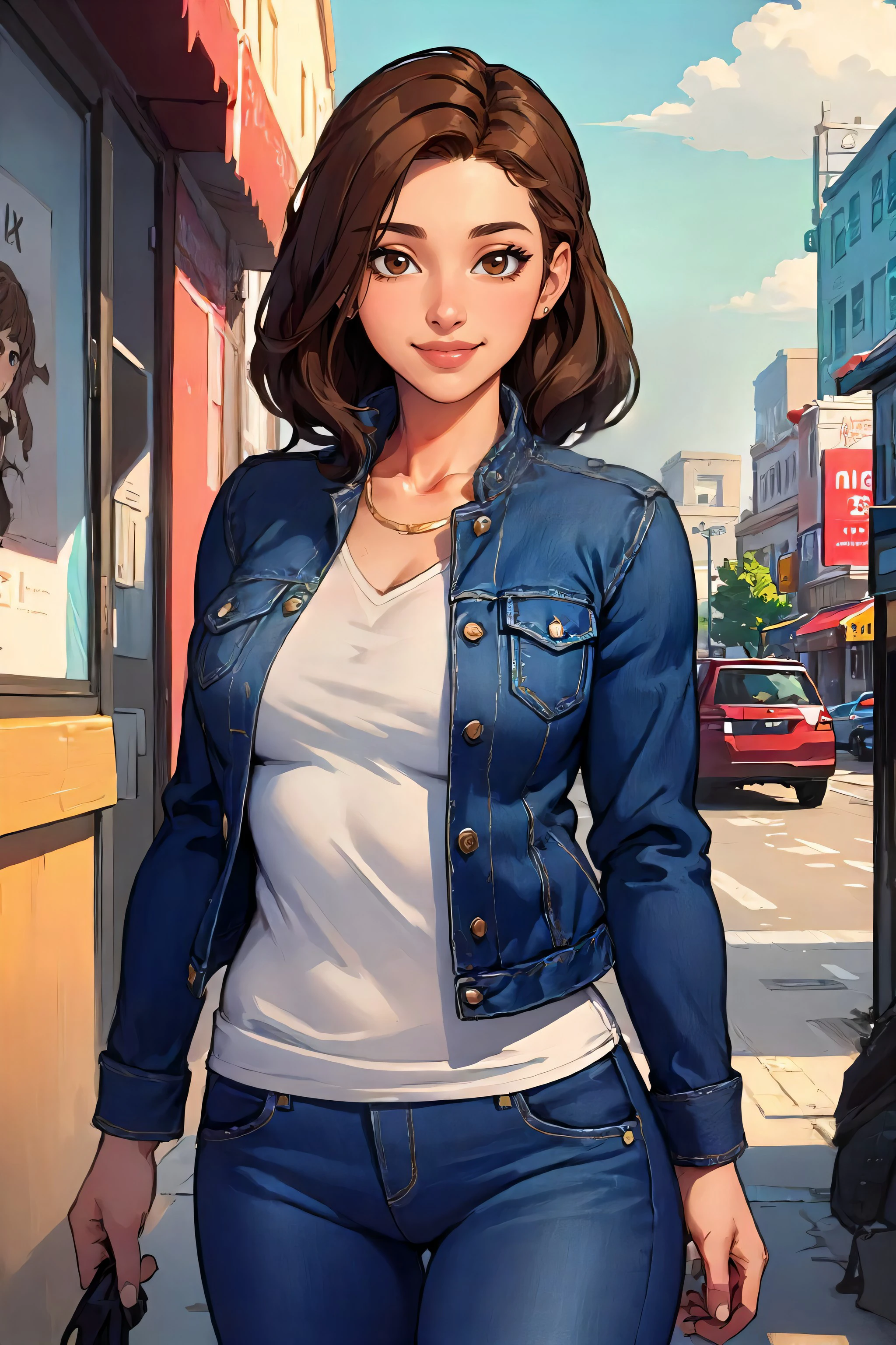 (masterpiece, highest quality, illustration), upper body, solo, woman, smile, brown hair, brown eyes, jacket, jeans, facing the viewer, standing, outdoors