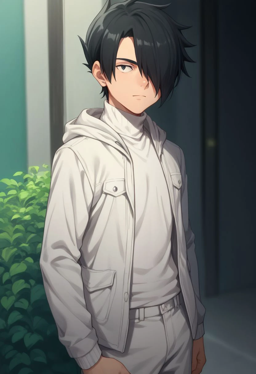 score_9, score_8_up, score_7_up, source_anime, highly detailed, 
ray, 1boy, black hair, hair over one eye, male focus, black eyes, looking at viewer,  jacket, turtleneck, hood, hood down, pants, 
outdoor,