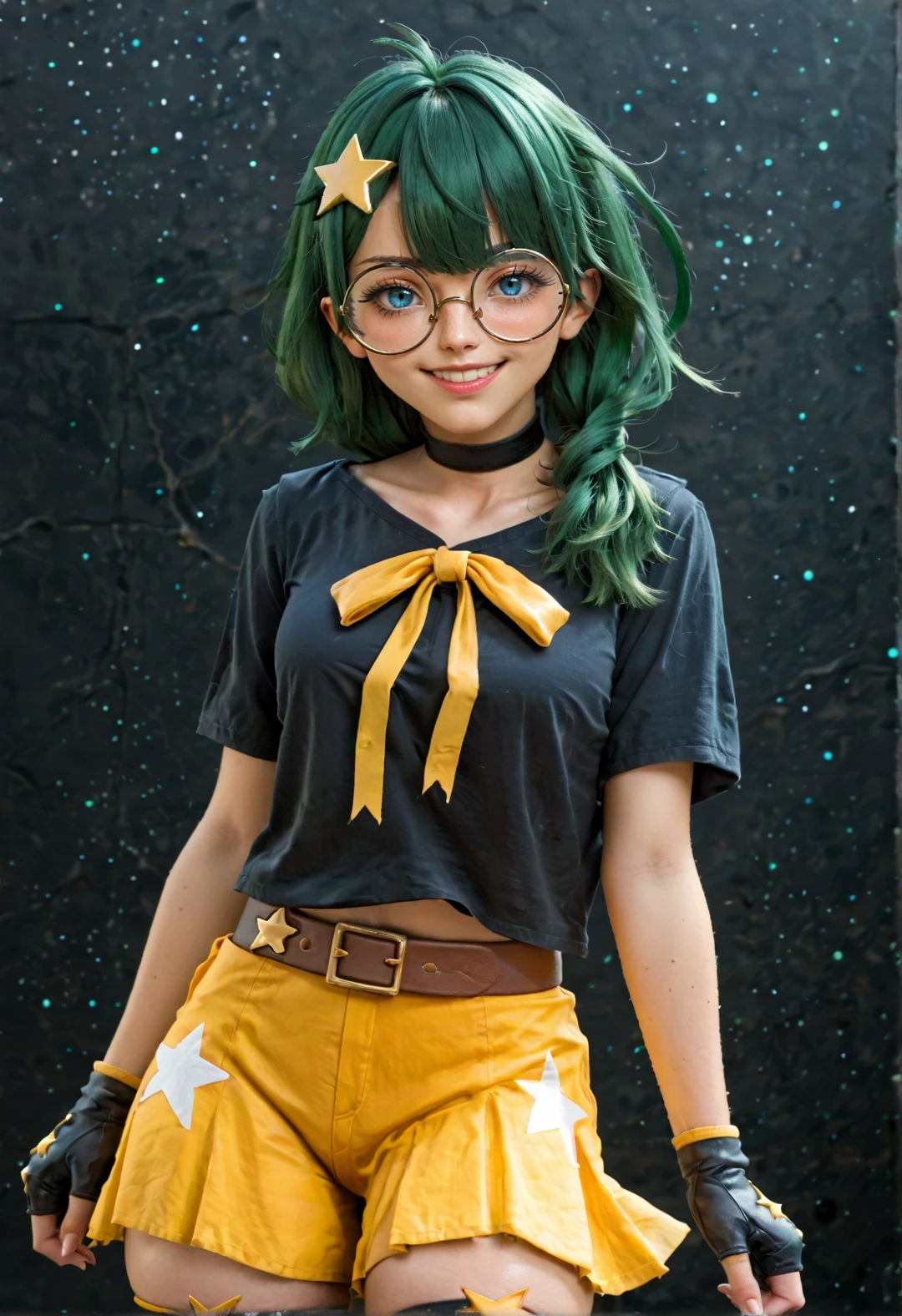 score_9, score_8_up, score_7_up, score_6_up, score_5_up,score_4_up, BREAK, <lora:Rival_Ivy1:1.0>, rival ivy, 1girl, solo, black pupils, round glasses, green hair, black fingerless gloves, leather belt, blue eyes, yellow skirt, yellow ribbon, black thighhighs, yellow star hair ornament, long hair, black loose shirt, brown shoes, short sleeves, black choker, bangs, hair over shoulder, looking at viewer, white star printzettai ryouiki, 20 years old, slit pupils, happy, smile,