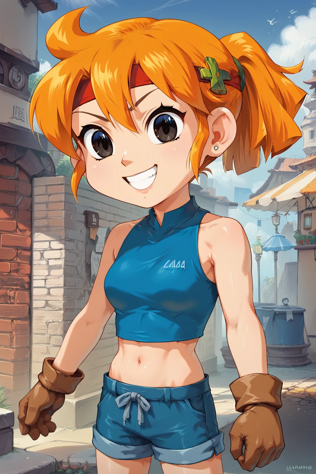 score_9, score_8_up, score_7_up, score_6_up, score_5_up, score_4_up, 1girl, (solo:1.3), source_anime, bau, orange hair, cowboy shot, ponytail, red headband, green hair ornament, black eyes, blue crop top, sleeveless, midriff, brown gloves, blue shorts, chibi <lora:Baupony:0.75>, <lora:Concept Art Eclipse Style LoRA_Pony XL v6:0.6>, grin