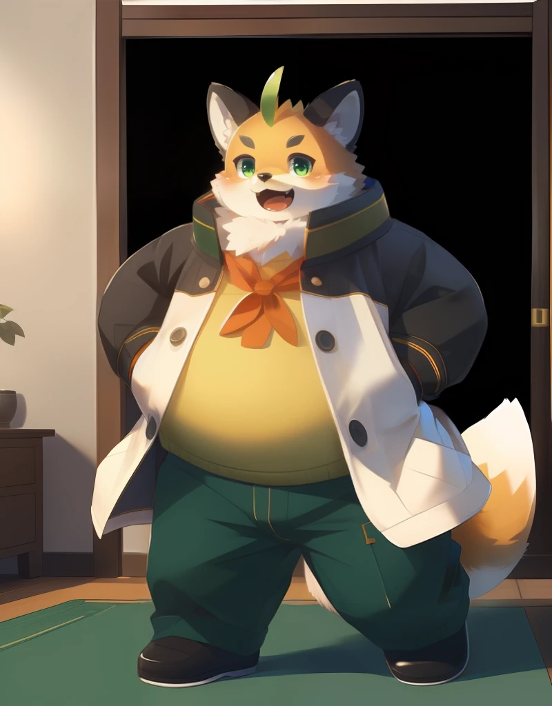 (((detailed eyes, detailed face))), (furry, iyo <lora:character_iyo_findigo_v2:1>, two-tone fur, ahoge, fox boy, snout, green eyes), male, (solo), (plump, fat, chubby, overweight), (white coat, black sleeves, yellow sweater, green pants), standing, (arms behind back), smile, (front view) BREAK (konzaburou, ukan_muri), bedroom, (flat shading, flat color, high brightness), 8k, UHD, masterpiece, (full body)