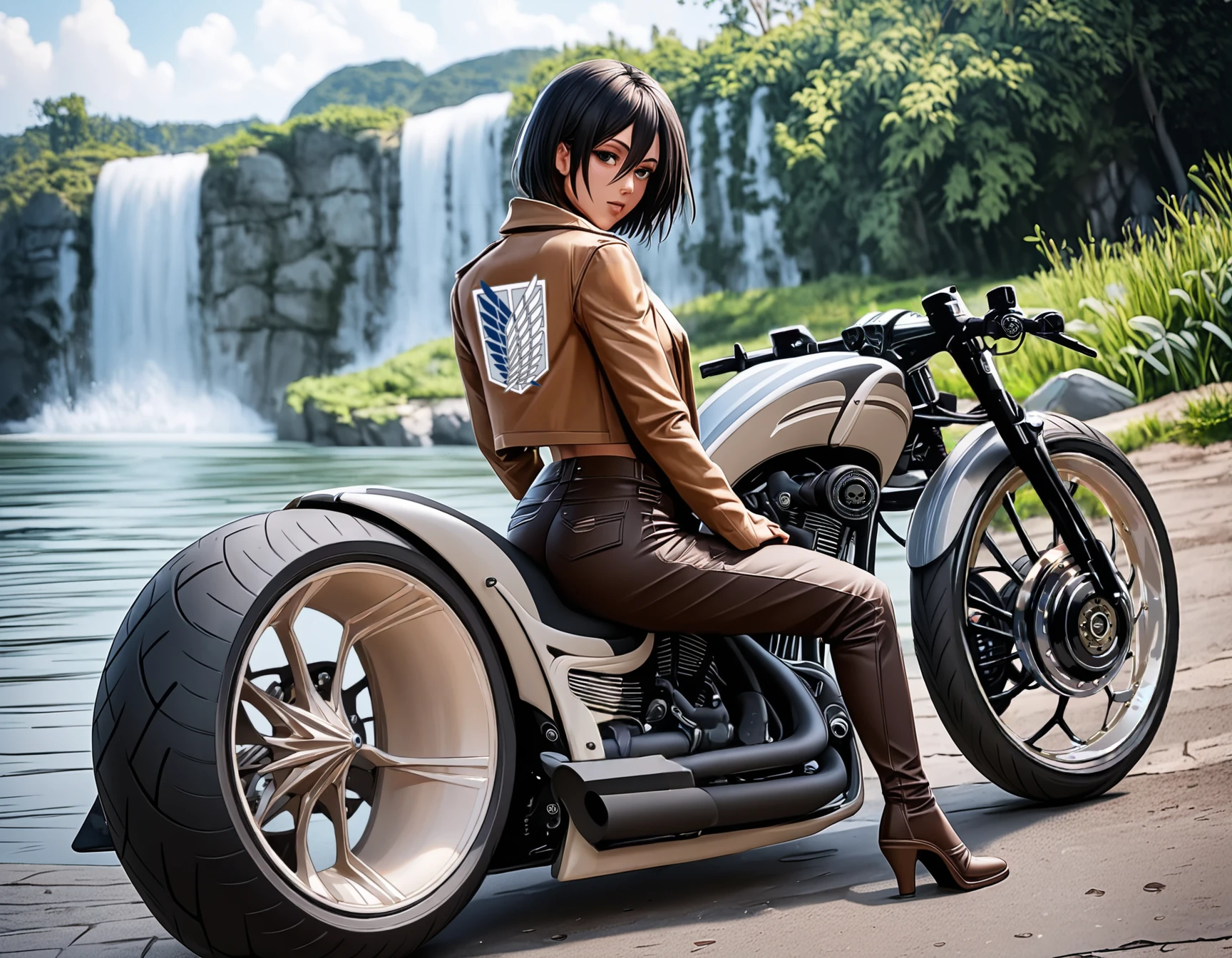 score_9, score_8_up, score_7_up, score_6_up, score_5_up, score_4_up,  
source: illustration,Mikasa Ackerman,driving a thunderbike, motorbike,expressive, full body,big boobs,slim waist, seductive pose, beautiful,wearing a white bodysuite, brown leather jacket,black hair,pretty,at a japanese garden,waterfall,ocean,outside, highly detailed, intricate details, digital art, perfect anatomy, perfect proportions, 4k, (dynamic pose:1.25),