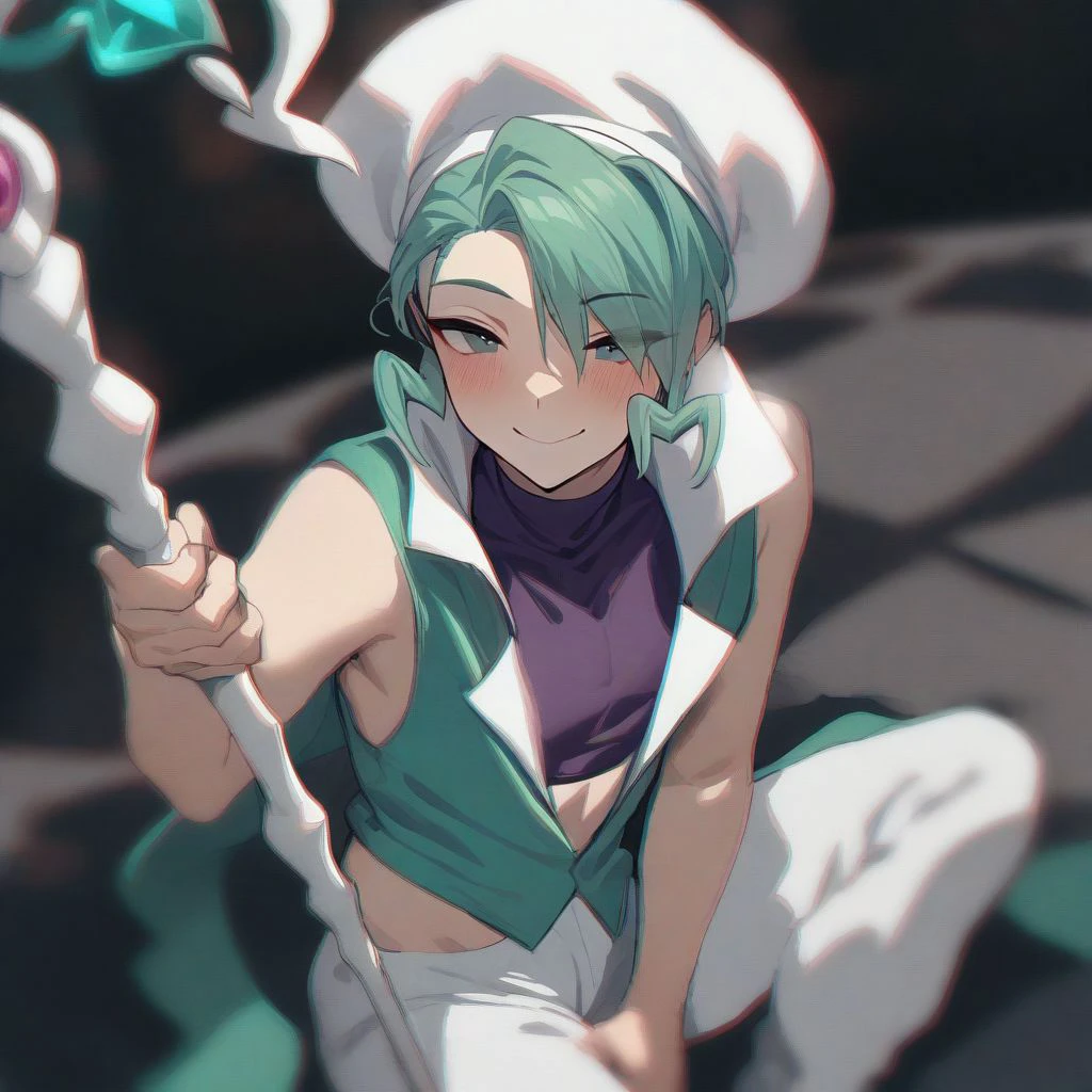 masterpiece, best quality, aesthetic, high quality, solo, 1boy, male focus, sidelocks, short hair, Green hair, white headwear, crop top, purple shirt, sleeveless, white vest, white pants, smile, sitting, blush, staff, holding, holding staff, chromatic aberration