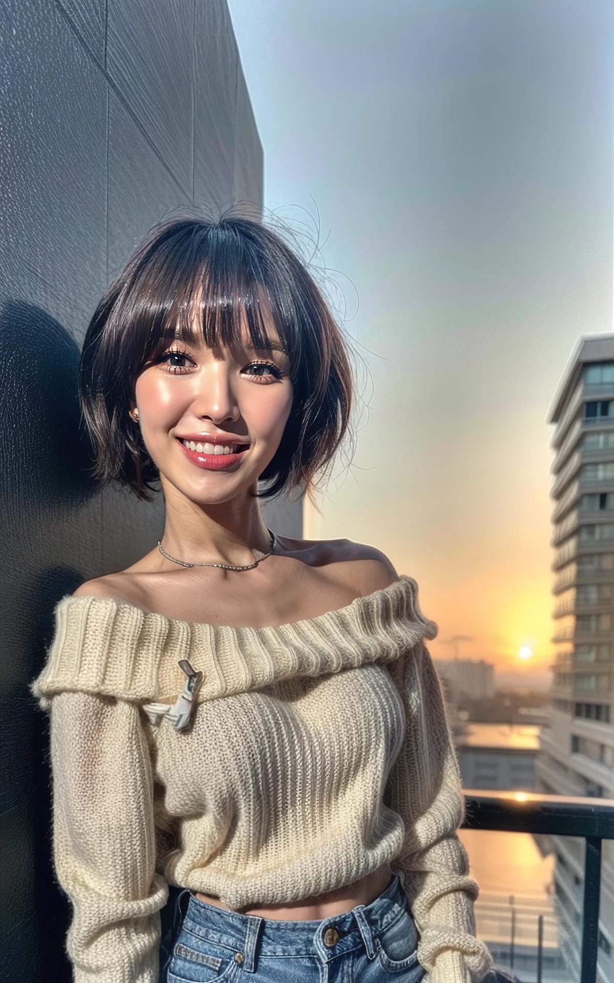 (short hair:1.2) (smiling:1.2), (fullbody:1.2),  (realistic), (hyperrealism), (photorealistic:1.4), 1girl,  looking at the viewer, eye makeup, detailed eyes, detailed face, (upper body:1.2), detailed background, walking at the streets, sunset, (windy:1.2)  z1pp3rsw3at3r,, sleeves past wrists, zipper sweater, Denim jeans <lora:more_details:1>  <lora:zoom_slider_v1:-2>   <lora:Wendy_V1:1> B_Wendy_V1 1woman <lora:forehead_slider_v2:-2>