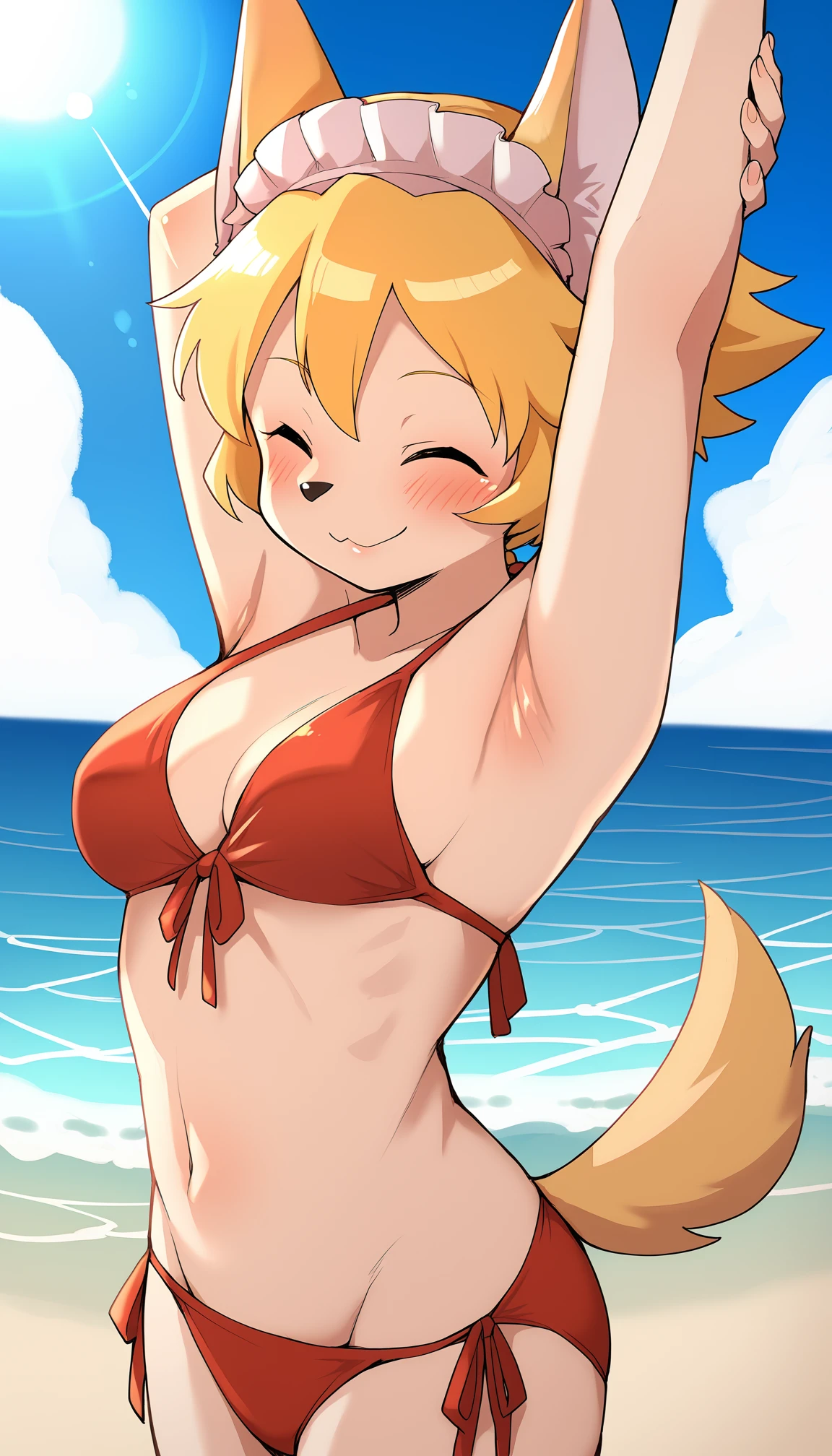 score_7_up, score_6_up, (by manmosu marimo:1.2)
BREAK
<lora:FloPDXL:1>  floSR, 1girl, solo,  blonde hair, closed eyes, eyes shut, red bikini, side-tie bikini bottom, standing, arms straight up, stretching, dog girl, maid headdress, smile, closed mouth, :3, cowboy shot, animal ears, medium breasts, animal nose, tail, short hair, beach, ocean, blue sky, cloud, sun, lens flare, zPDXL2 <lora:PDXL_artist_tags_v2_big:1>