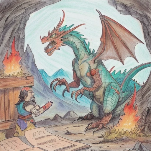 armok, traditional media, dragon, flames, treasure, adventurers, mountain hall,