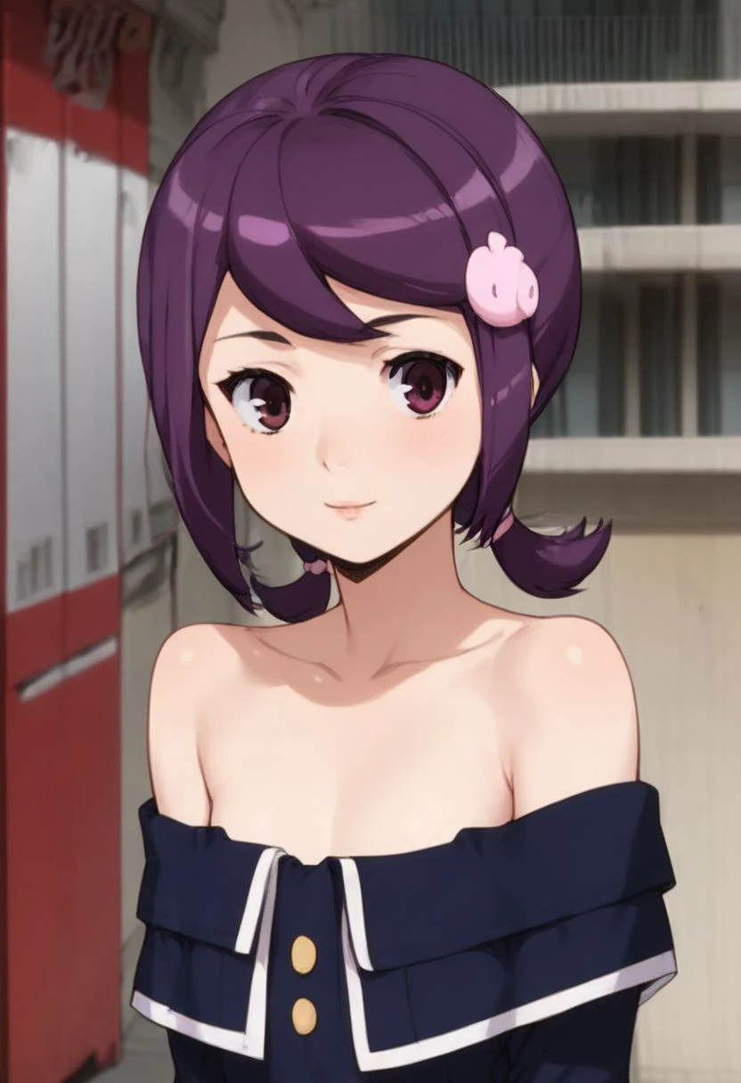 score_9,score_8_up,score_7_up,score_9,score_8_up,score_8,ultra detailed,beautiful face,highres,1girl, solo, looking at viewer, 
BREAK 
girl, flat chest, purple hair, purple eyes, short hair, short twintail, off shoulder, layered mini skirt,