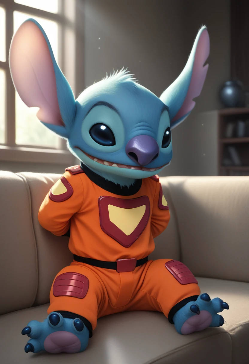 score_9, score_8_up, score_8, <lora:Experiment_626_aka_Stitch_Lilo_and_Stitch_for_PonyXL:0.8> 1boy, st1tch, black eyes, furry, sitting on couch, living room, window, detailed background, prison outfit,