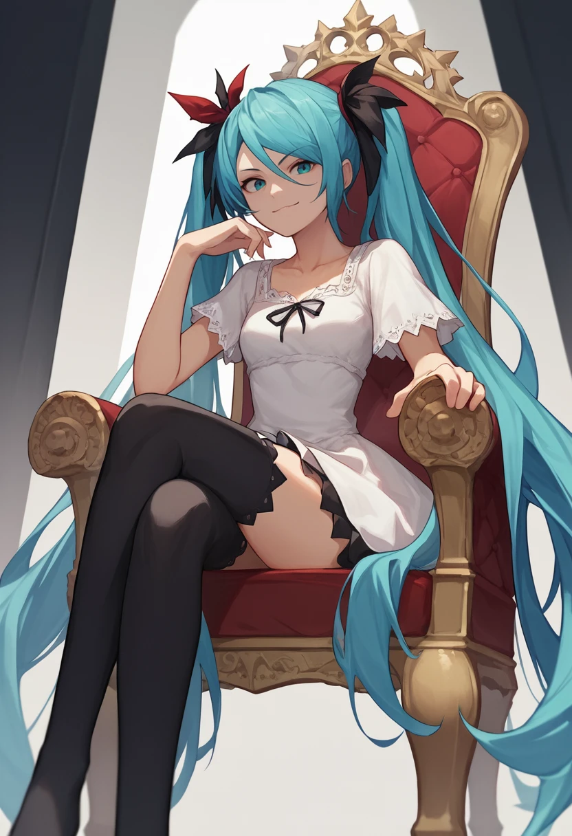 Throne of Power, Leg spread, (masterpiece), highest quality, Hatsune Miku:1.5, Fearless smile, 1girl, uhd, retina, masterpiece, ccurate, anatomically correct, textured skin, super detail, high details, high quality, best quality, highres, 4K