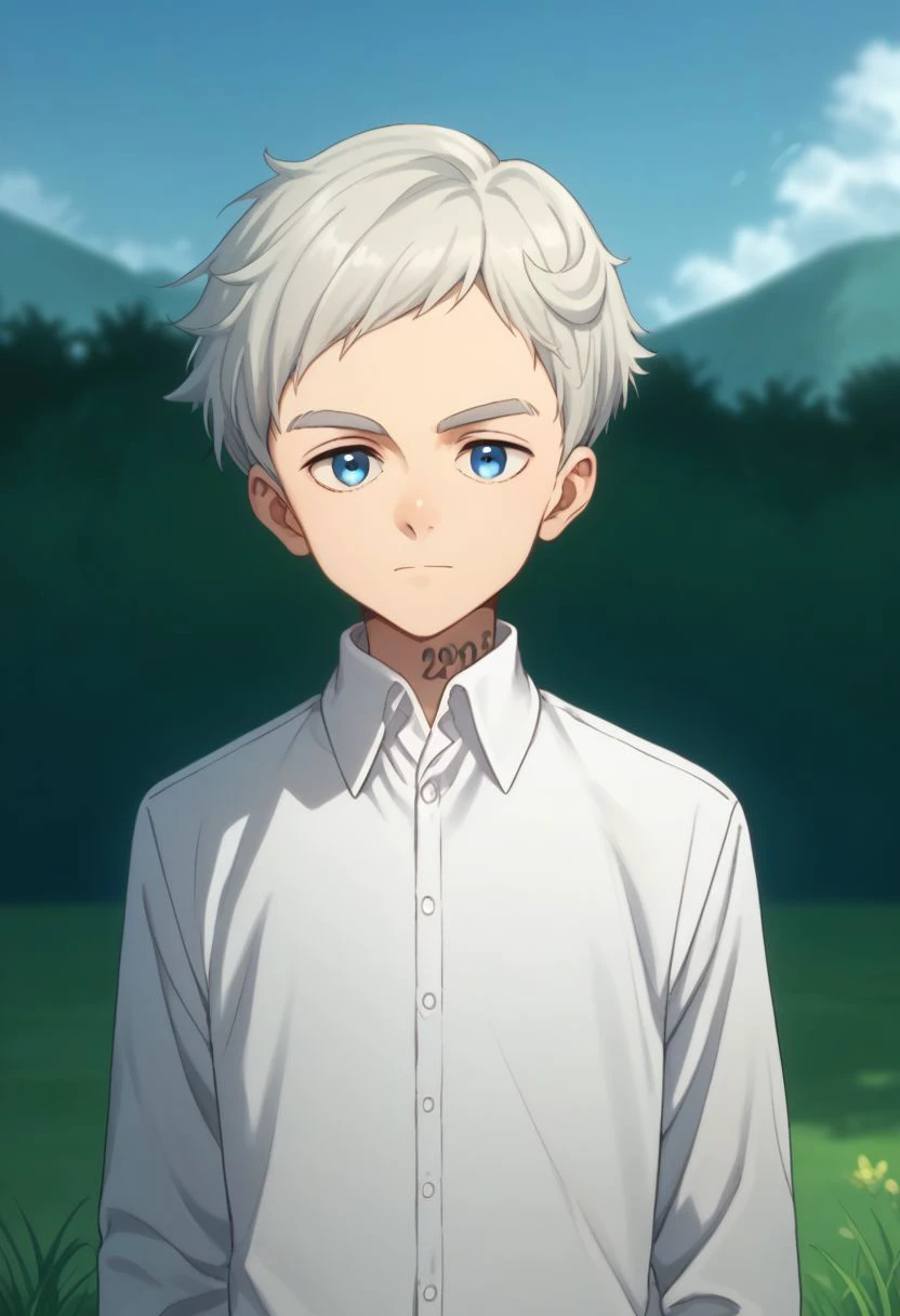 score_9, score_8_up, score_7_up, source_anime, highly detailed, 
norman, 1boy, blue eyes, male focus, shirt, solo, white shirt,  looking at viewer, upper body, collared shirt, grey hair, short hair, closed mouth, number tattoo, neck tattoo,
outdoor, grass, sky,