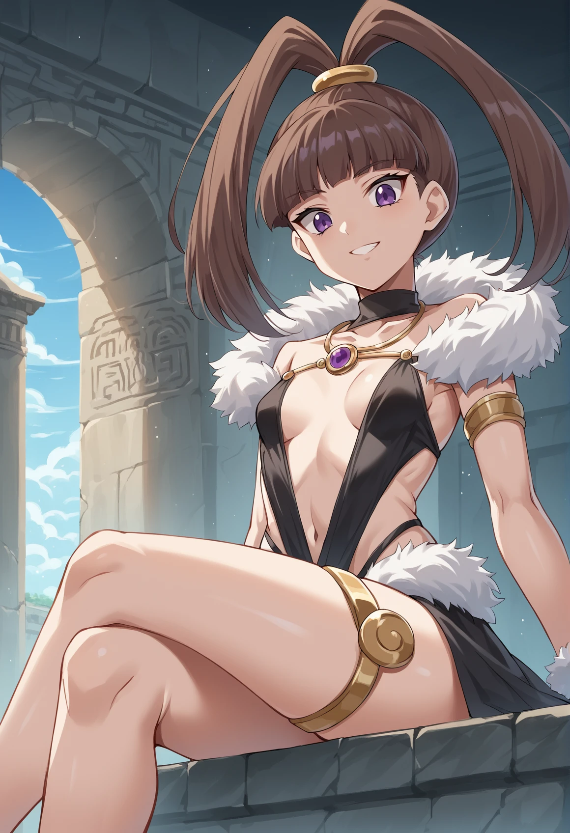 1girl, Brown hair, high ponytail, purple eyes, jewelry, black bodypaint, small breasts, single wing, angel wing, revealing clothes, fur trim, sitting, crossed legs, pilar, greek temple, from below, smile <lora:Nene__Akari_Pony:1>, score_9, score_8_up, score_7_up, score_6_up, score_5_up, score_4_up, BREAK source_anime, masterpiece