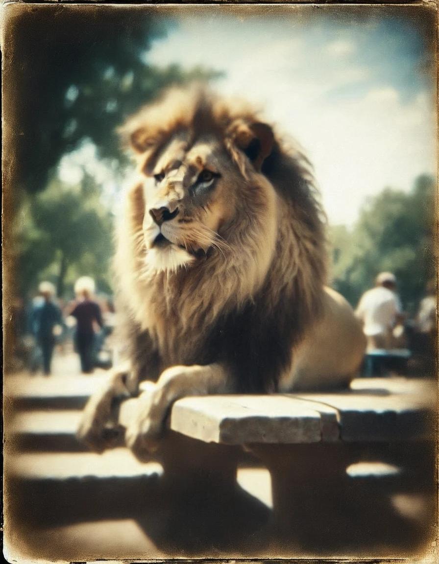 a majestic lion seated on a park table watching people