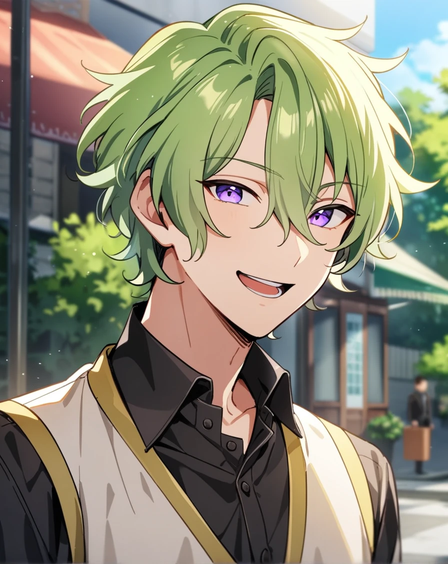 1boy, solo, male focus, portrait, upper body, <lora:hiyori_tomoe_sdxl_lora:0.8>, (tomoe hiyori, green hair, short hair, hair between eyes, bangs, purple eyes), suit, dress pants, outdoors, looking at viewer, open mouth, black shirt, collared shirt, sweater vest, white vest, masterpiece, best quality, very aesthetic, absurdres, very detailed, safe, <lora:Lightning-8:0.5>