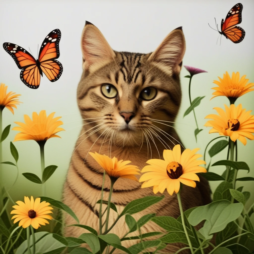 cat, garden, flower, butterfly