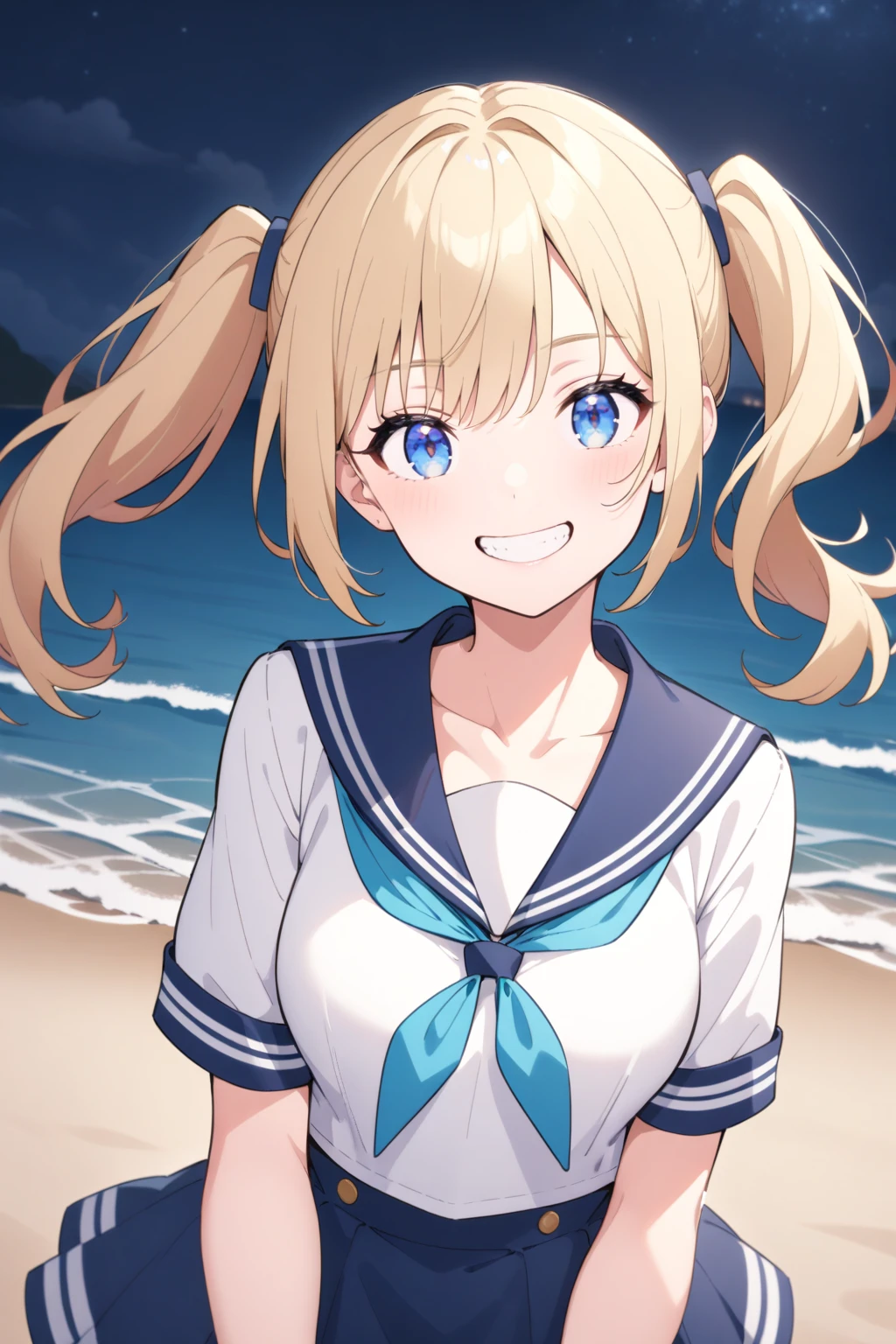 1girl, solo, upper body, twintail, blond hair, blue eyes, light smile, medium breasts, sailor, skirt, beach, night, grin, upper body,