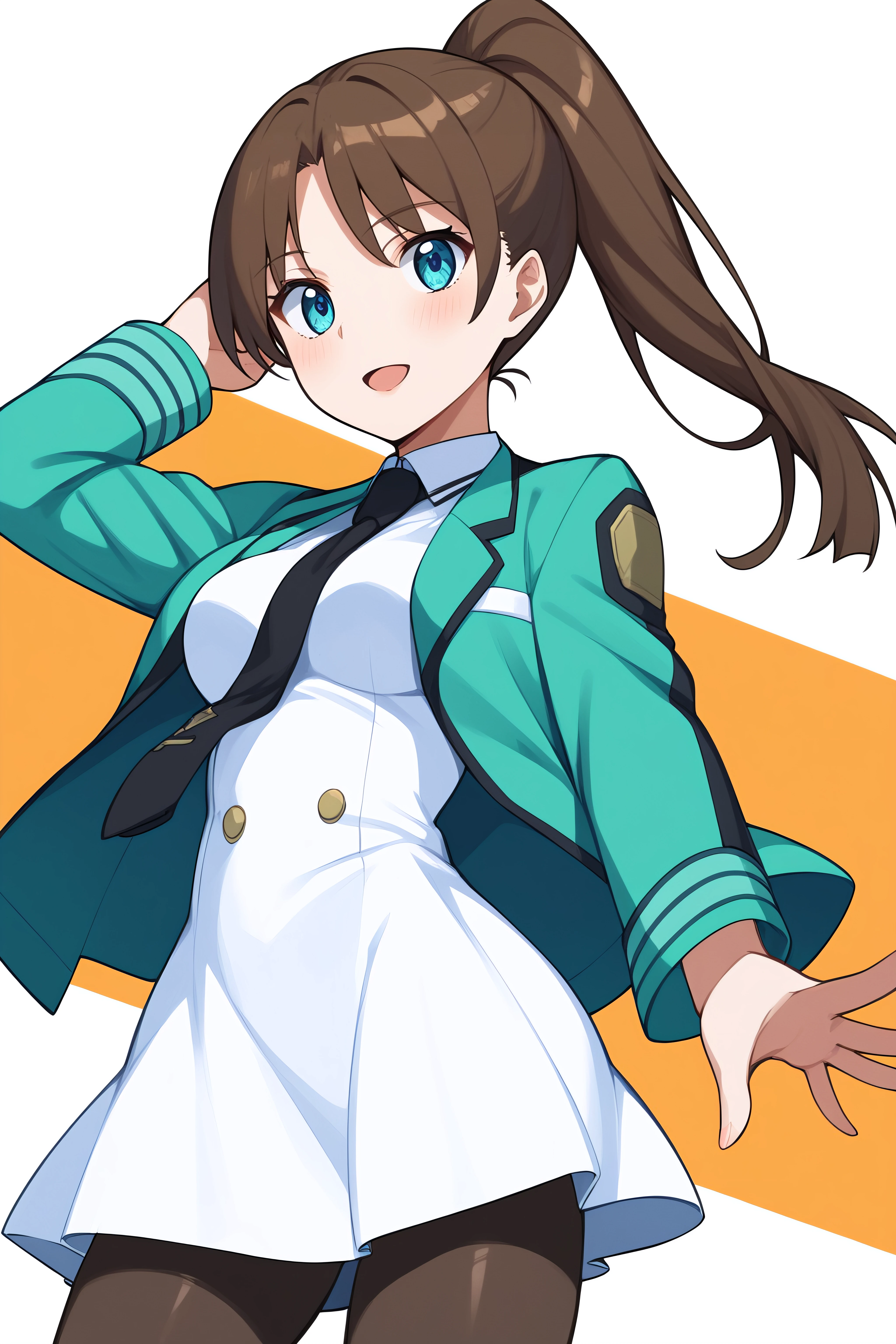 score_9, score_8_up, score_7_up, BREAK source_anime, <lora:sayaka mibu-PonyXL-lora-Faxtron:0.8> sayaka mibu, blue eyes, brown hair, high ponytail, medium breasts, cropped green jacket, white dress, necktie, pantyhose,