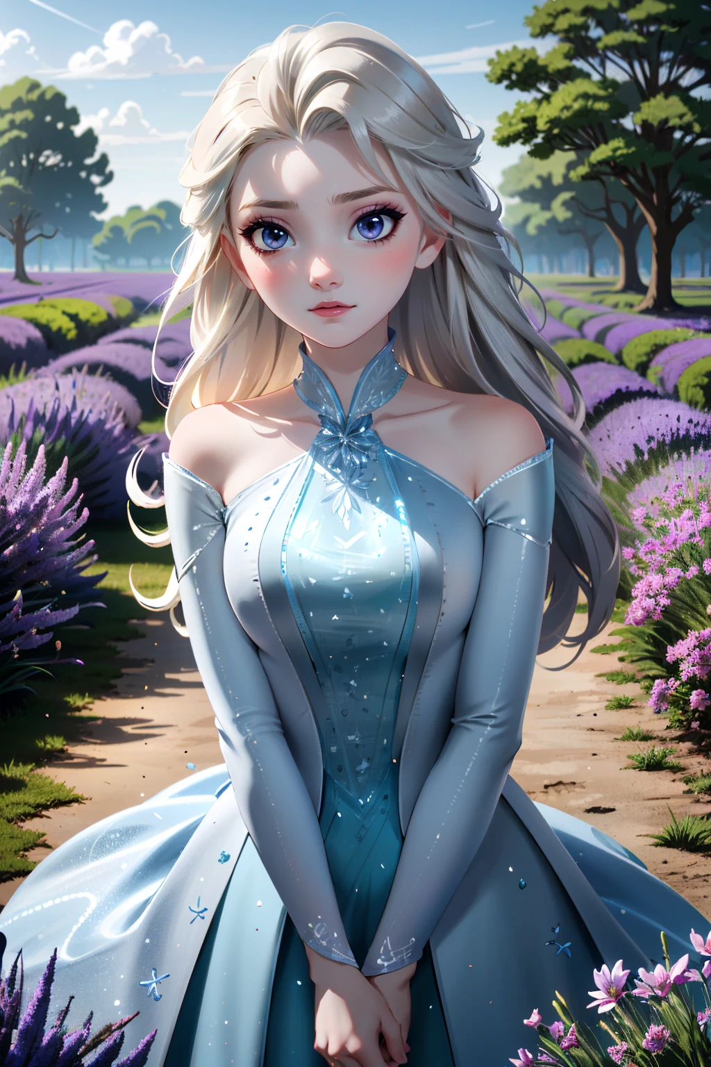 ((ultra detailed, masterpiece, absurdres))
 <lora:DisneyElsa:0.8>
DisneyElsa, 1girl, long hair, blonde hair, looking at viewer, lavender field, midday, bright and vibrant with a sea of purple blooms