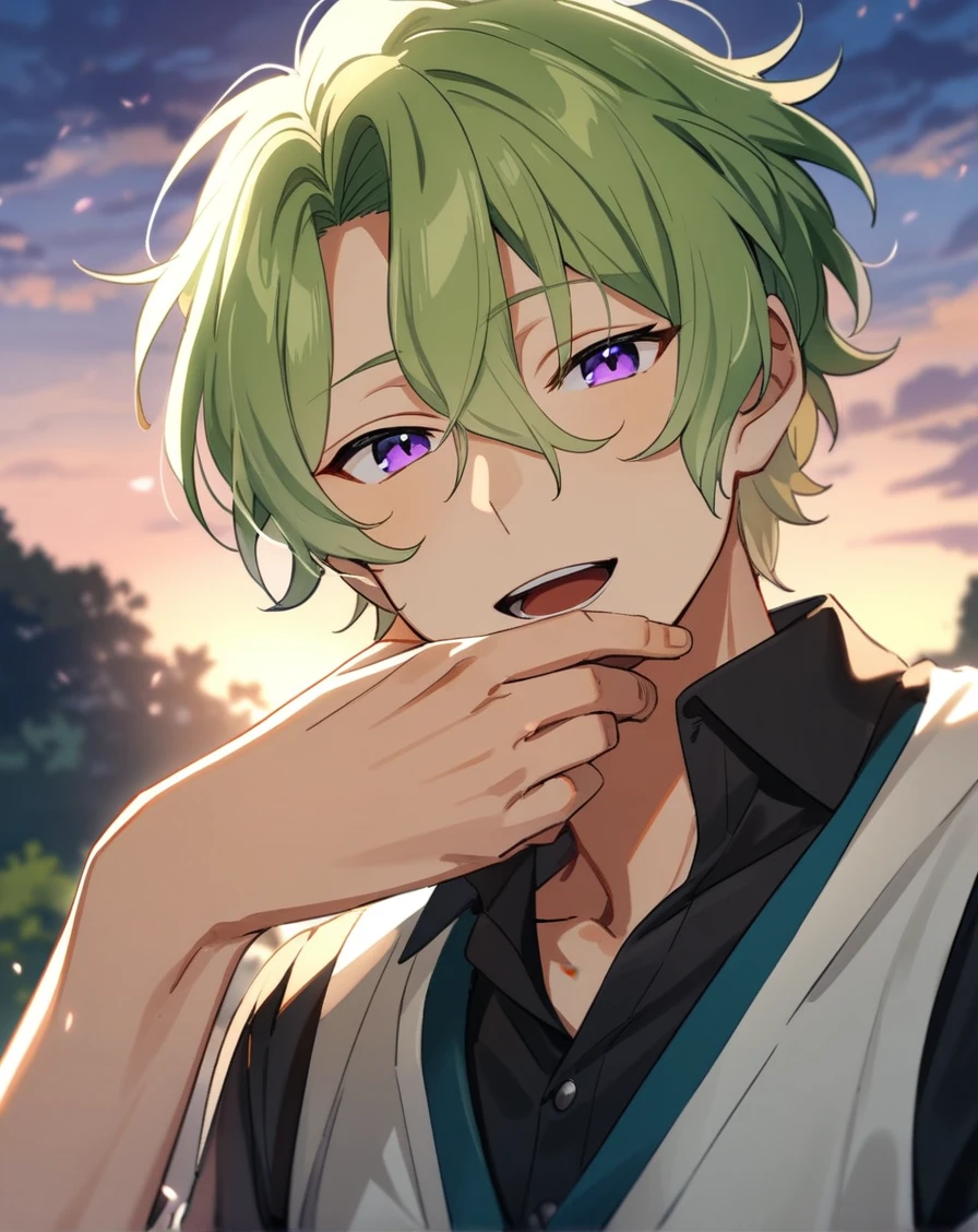 1boy, solo, male only, male focus, portrait, upper body, <lora:hiyori_tomoe_sdxl_lora:1>, (tomoe hiyori, green hair, short hair, hair between eyes, bangs, purple eyes), suit, dress pants, outdoors, looking at viewer, open mouth, covering mouth, black shirt, collared shirt, sweater vest, white vest, masterpiece, best quality, very aesthetic, absurdres, very detailed, sensitive, <lora:Lightning-8:0.5>