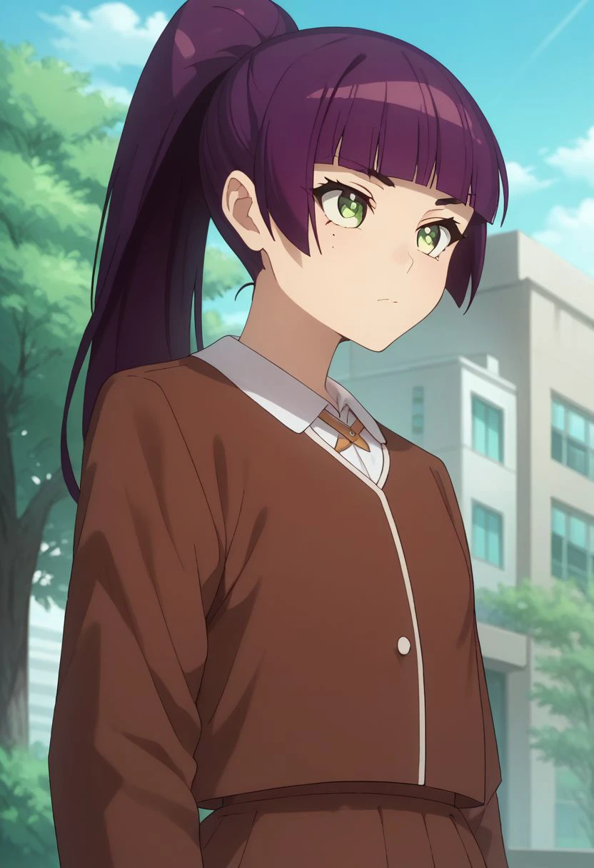 score_9, score_8_up, score_7_up, source_anime, highly detailed, 
kyoko, 1girl, solo, green eyes, purple hair, ponytail, school uniform, long hair, bangs,
outdoors, day, tree, blunt bangs, sky, building, closed mouth, white shirt, brown jacket, mole, mole under eye,