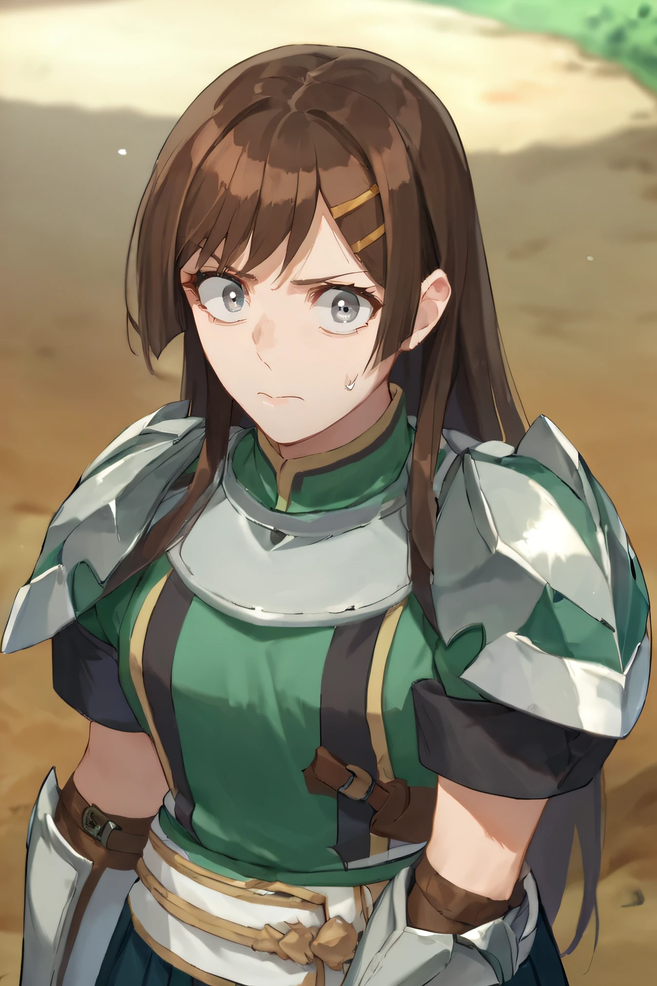 score_9, score_8_up, score_7_up, source_anime,
hibiki, 1girl, solo, long hair, looking at viewer, anxious, brown hair, hair ornament, hairclip, grey eyes, short sleeves, green shirt, pleated skirt, white sash, armor, shoulder armor, fingerless gloves, gauntlets,
<lora:hibiki-10:1>