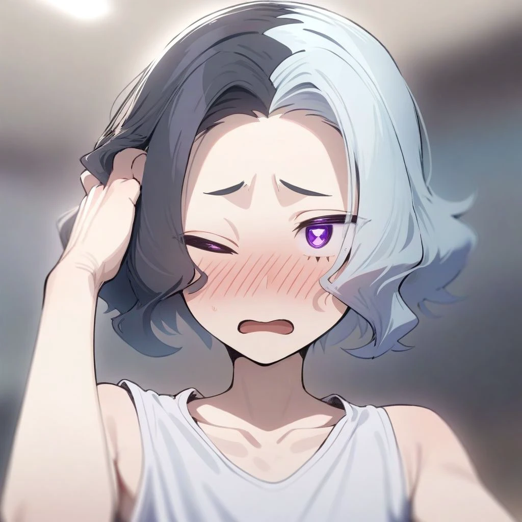 masterpiece, best quality, aesthetic, high quality, solo, 1boy, male focus, short hair, white hair, black hair, two-tone hair, multicolored hair, purple eyes, tank top, white shirt, collarbone, sleeveless, one eye closed, raised eyebrows, blush, open mouth, embarassed, hand on own head