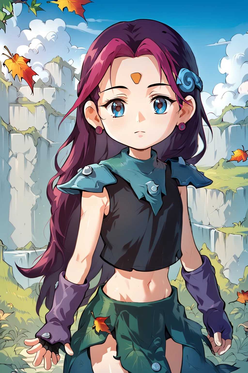 score_9, score_8_up, score_7_up, score_6_up, score_5_up, score_4_up, source_anime, cowboy shot, solo, outdoors, ea, chibi, purple hair, two-tone hair, long hair, hair ornament, forehead mark, blue eyes, jewelry, earrings, shoulder armor, black shirts, sleeveless, midriff, fingerless gloves, leaf skirt, <lora:Eapony:0.85>, <lora:Concept Art Eclipse Style LoRA_Pony XL v6:0.6>