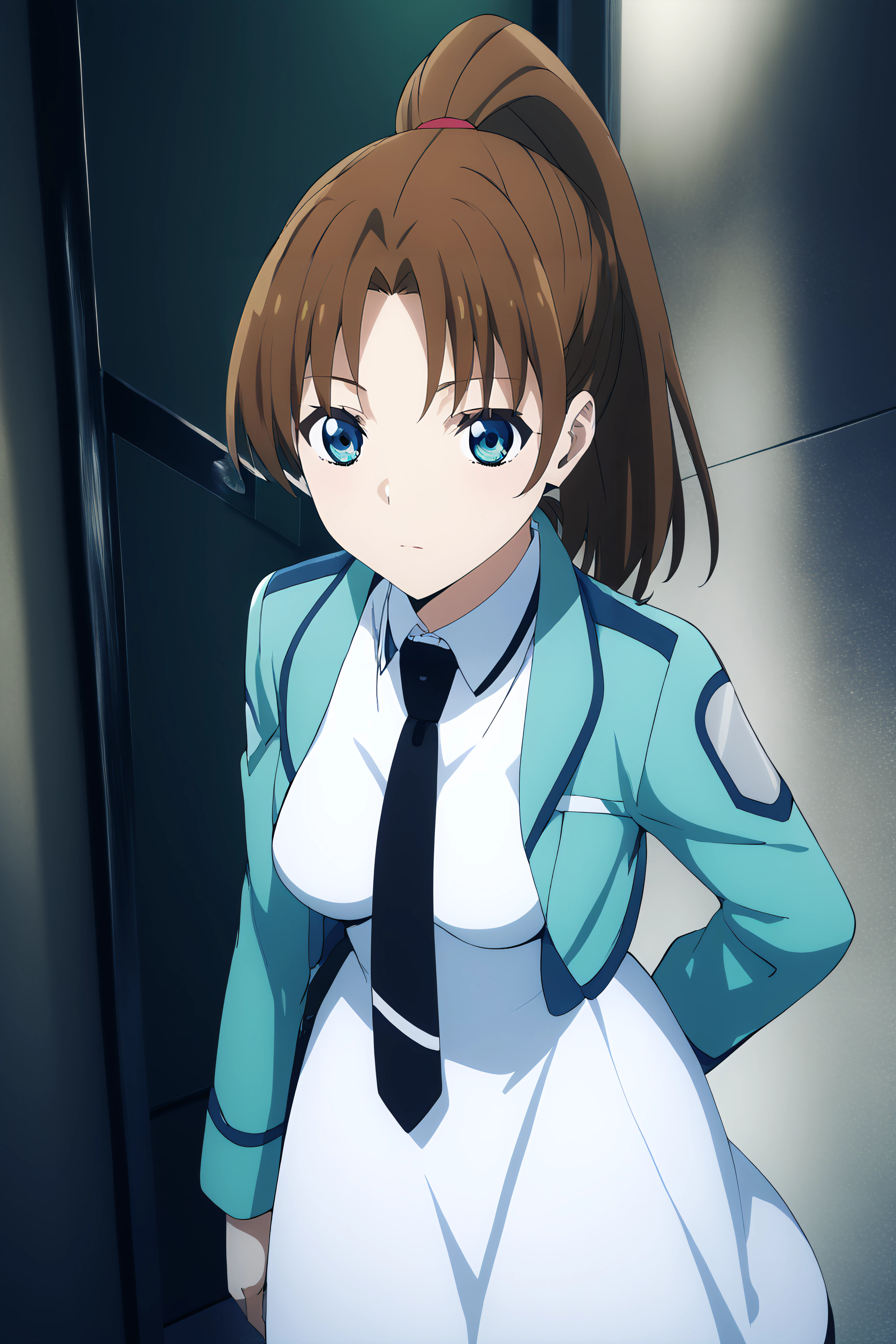 score_9, score_8_up, score_7_up, BREAK source_anime, <lora:sayaka mibu-PonyXL-lora-Faxtron:0.8> sayaka mibu, blue eyes, brown hair, high ponytail, medium breasts, cropped green jacket, long sleeves, white dress, necktie, pantyhose,