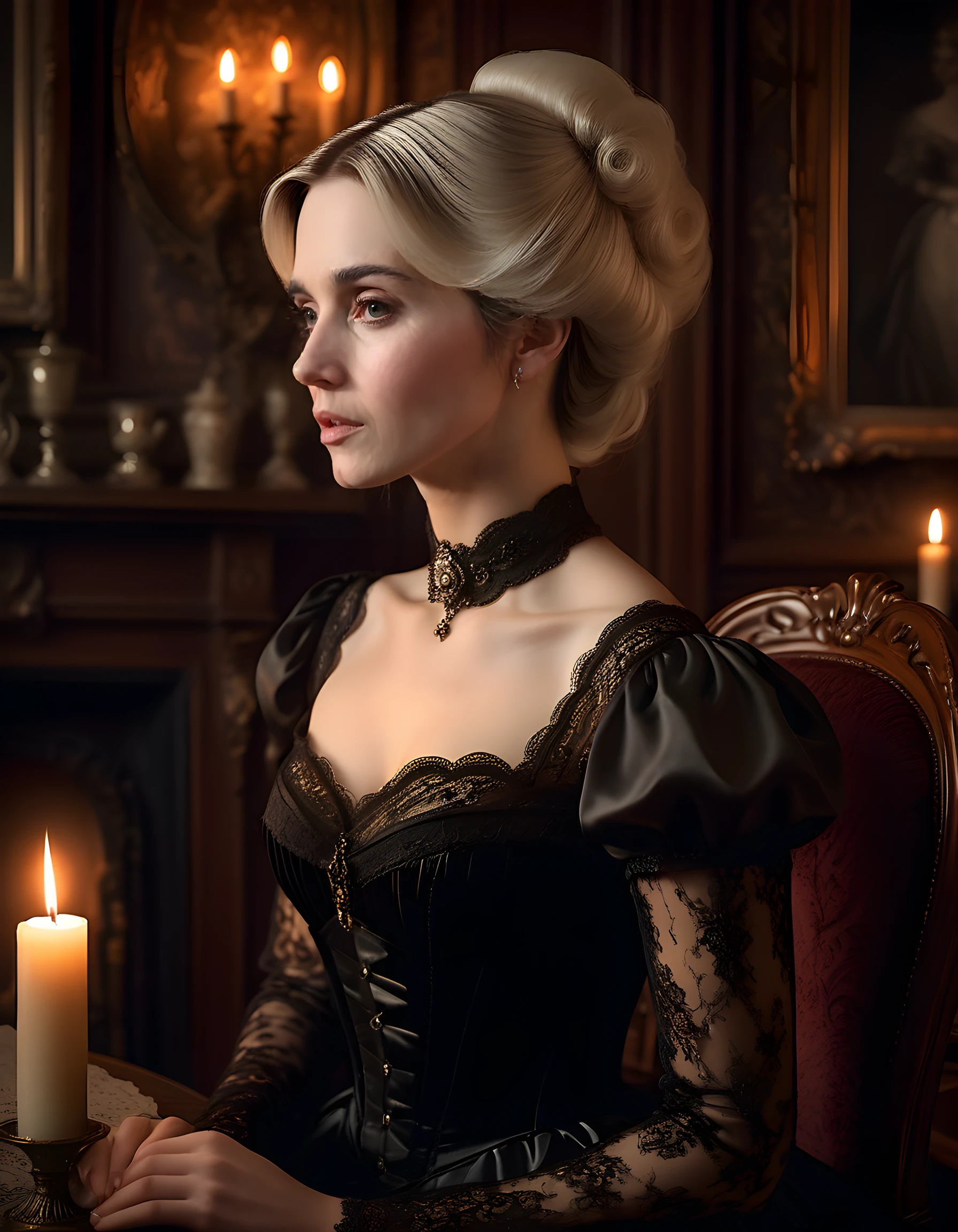 In a dimly lit, antique-filled Victorian parlor, CF1n3M, with her striking brown hair cascading down her back and a contrasting platinum blonde wig adorning her head, poses regally against the velvet drapery. Her eyes are captivating as they gaze intently into the distance. She is elegantly dressed in an intricately detailed black dress, its lace sleeves and corset bodice shimmering subtly under the soft glow of a single candle on a nearby table. The background is filled with ornate furniture, dusty books, and a fireplace crackling softly, creating a sense of timeless mystery and allure. The emotional tone of this close-up portrait is one of quiet strength and enigma, as if she holds the secrets of the past within her very being.