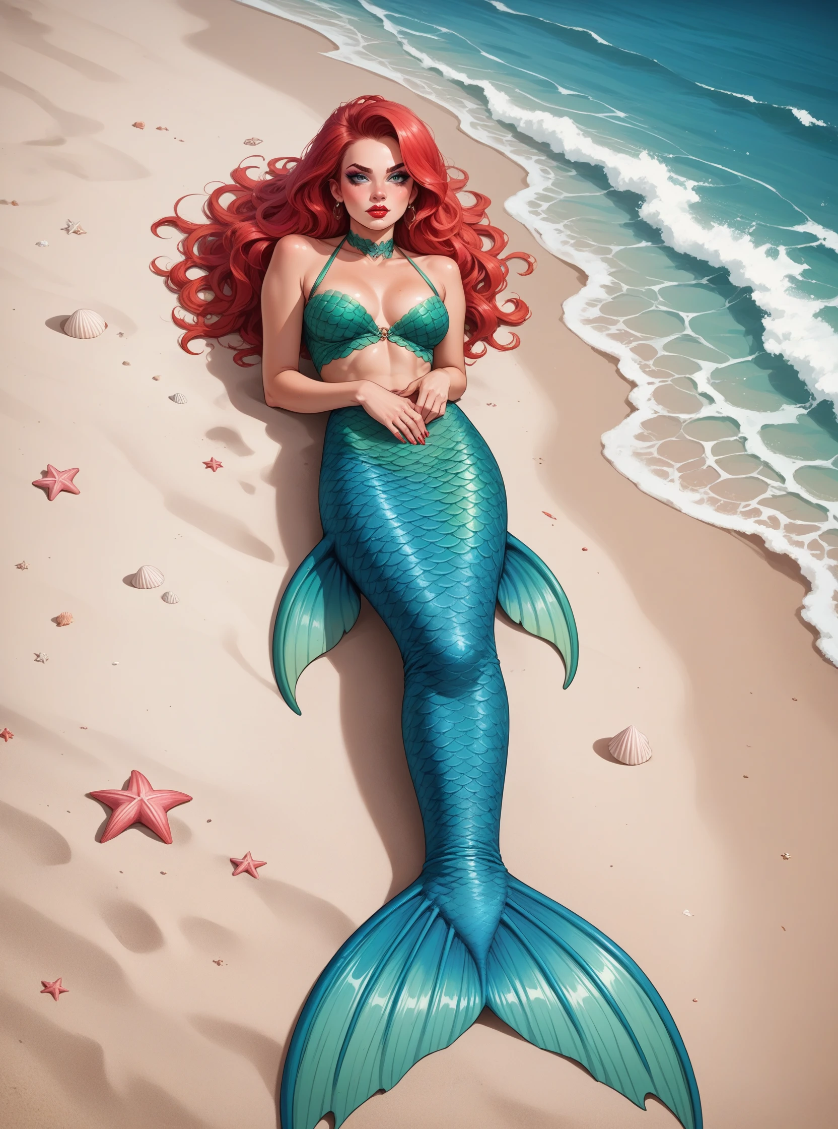 (1 girl, mermaid, 18-years old),bare medium breastsout, breastsout, shell cover nipples, europeu, Red hair, blue colored eyes, suntanned, moist skin, sweaty skin, wavy hair, Beauthfull, Ultra-realistic, ultra realisitic, 4K, engine unreal, face perfect, full body shot shot, tight slit, green mermaid tail, blue ocean. Shel