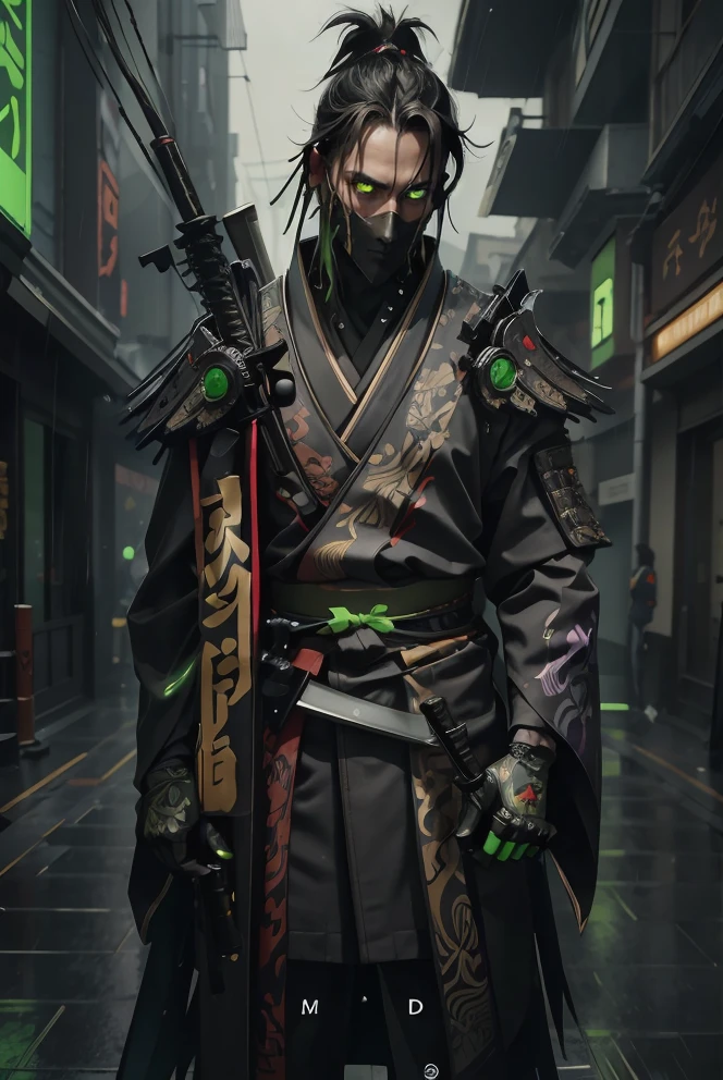 <lora:Rubick:0.8>, 1boy, rubick, wizard, green magic, (samurai:1.2), samurai clothes, (black kimono:1.2), cyberpunk background, cyberpunk lights, neon lights, (rain:1.1), epic, cinematic, ninja, (katana:1.2), high detailed, high quality, masterpiece, perfect, intricate detailes, aesthetic, Painting, intricate details, modern-style colour illustration, detailed setting, freckles, reaction frame, erotic aesthetics,