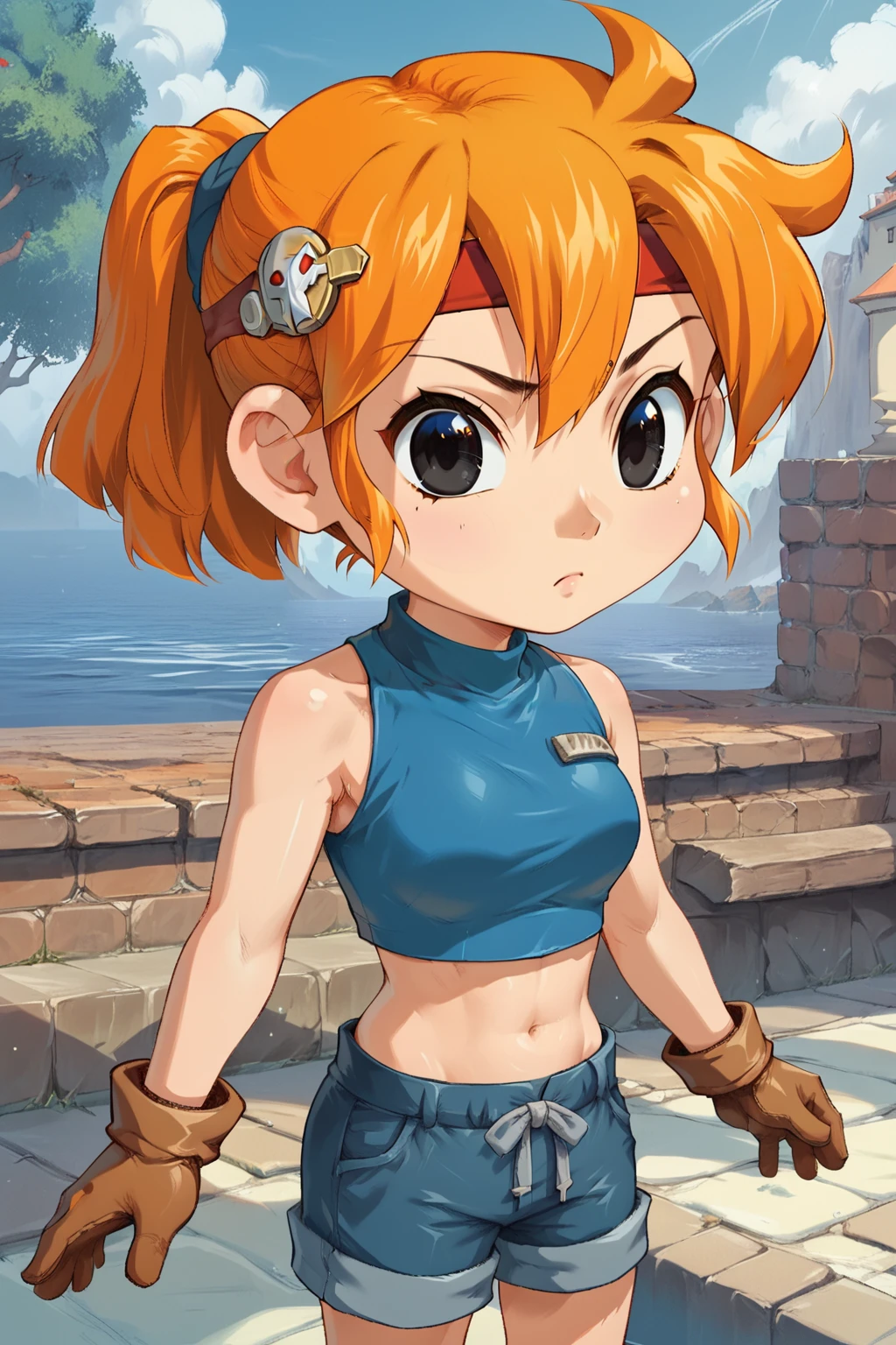 score_9, score_8_up, score_7_up, score_6_up, score_5_up, score_4_up, 1girl, (solo:1.3), source_anime, bau, orange hair, ponytail, red headband, hair ornament, black eyes, blue crop top, sleeveless, midriff, brown gloves, blue shorts, chibi <lora:Baupony:0.75>, <lora:Concept Art Eclipse Style LoRA_Pony XL v6:0.6>