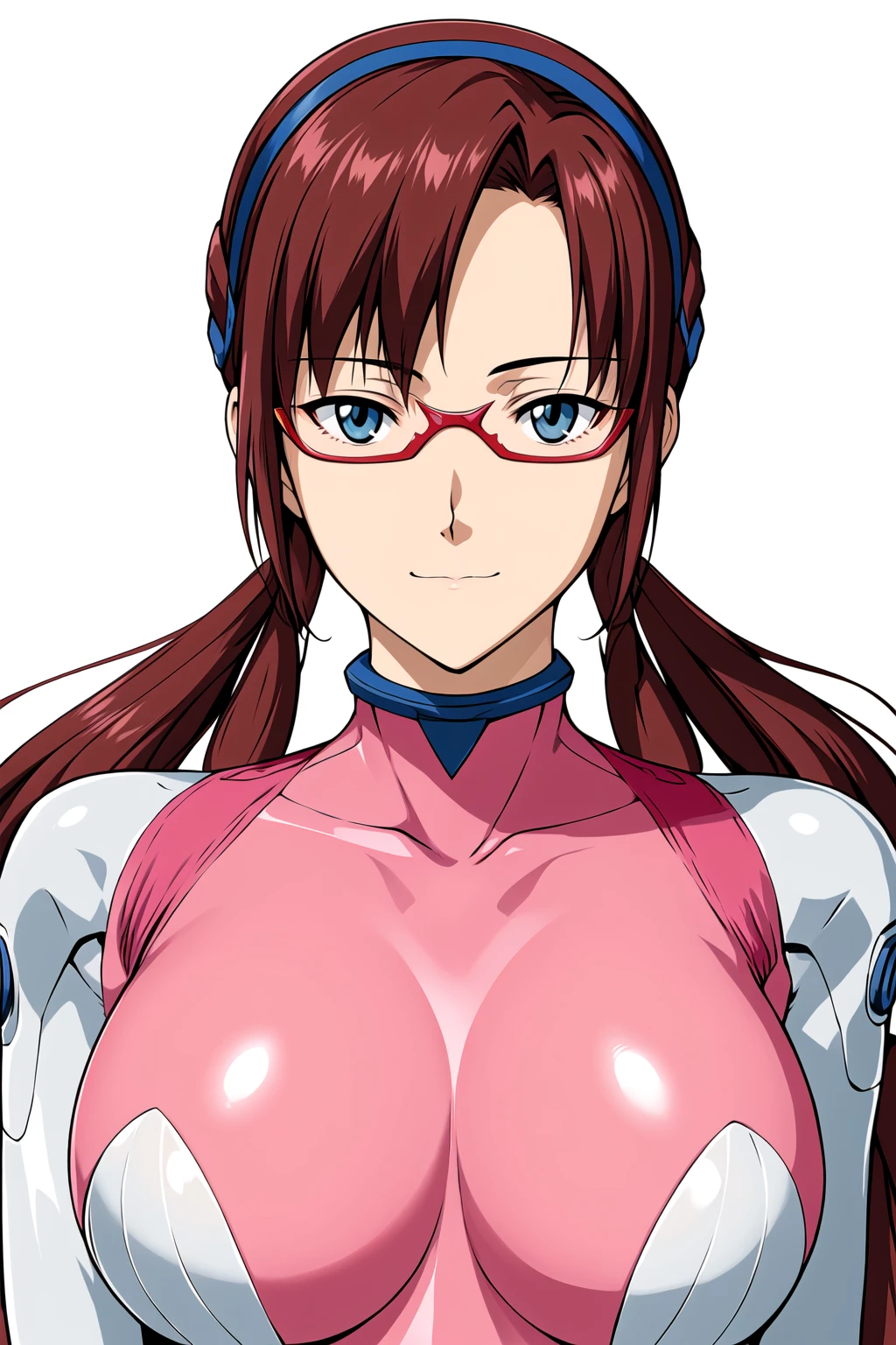 Simple White Background,
dynamic pose,standing at attention,
pink bodysuit, long sleeves, turtleneck, 
<lora:Mari_Makinami_EVA-KK77-V1:0.7>,makinami mari illustrious, red-framed eyewear,
blue eyes, brown hair,bangs,Long hair,low twintails, blue hairband, 
<lora:more_details:0.1>,<lora:Oda_Non_Style-KK77-V2:0.3>,<lora:Sexy_AIart-KK77-V1:0.3>,
1 girl, 20yo,Young female,Beautiful long legs,Beautiful body,
Beautiful Nose,Beautiful character design, perfect eyes, perfect face,expressive eyes,perfect balance,
looking at viewer,(Focus on her face),closed mouth, (innocent_big_eyes:1.0),(Light_Smile:0.3),
official art,extremely detailed CG unity 8k wallpaper, perfect lighting,Colorful, Bright_Front_face_Lighting,White skin,
(masterpiece:1.0),(best_quality:1.0), ultra high res,4K,ultra-detailed,
photography, 8K, HDR, highres, absurdres:1.2, Kodak portra 400, film grain, blurry background, bokeh:1.2, lens flare, (vibrant_color:1.2),professional photograph,
(Beautiful,large_Breasts:1.4), (beautiful_face:1.5),(narrow_waist),