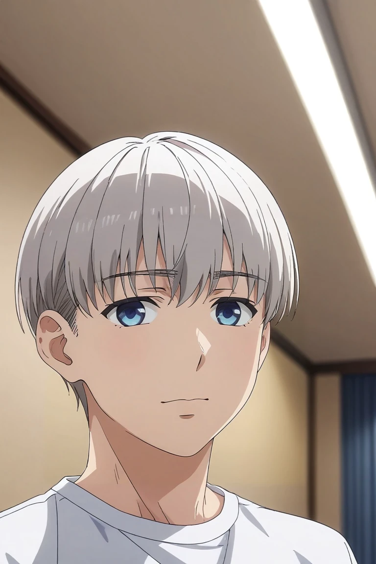 score_9, score_8_up, score_7_up, source_anime, rating_safe, intricate details, (3d:0.4), looking at viewer, depth of field, 1boy, solo, male focus, <lora:shouta_doi_pony:0.74>, shouta_doi, grey hair, blue eyes, short hair, bangs, , wide angle, wide shot, full body, dining room, indoors, dark, arms up, laughing, , <lora:sdxl_lightning_8step_lora:1>