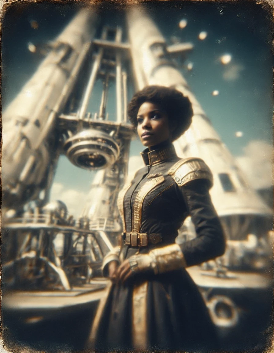 closeup portrait of the black female captain of a retro-future rocket ship stands on the launch pad in front of her victorian-style space ship wearing a baroque styled uniform