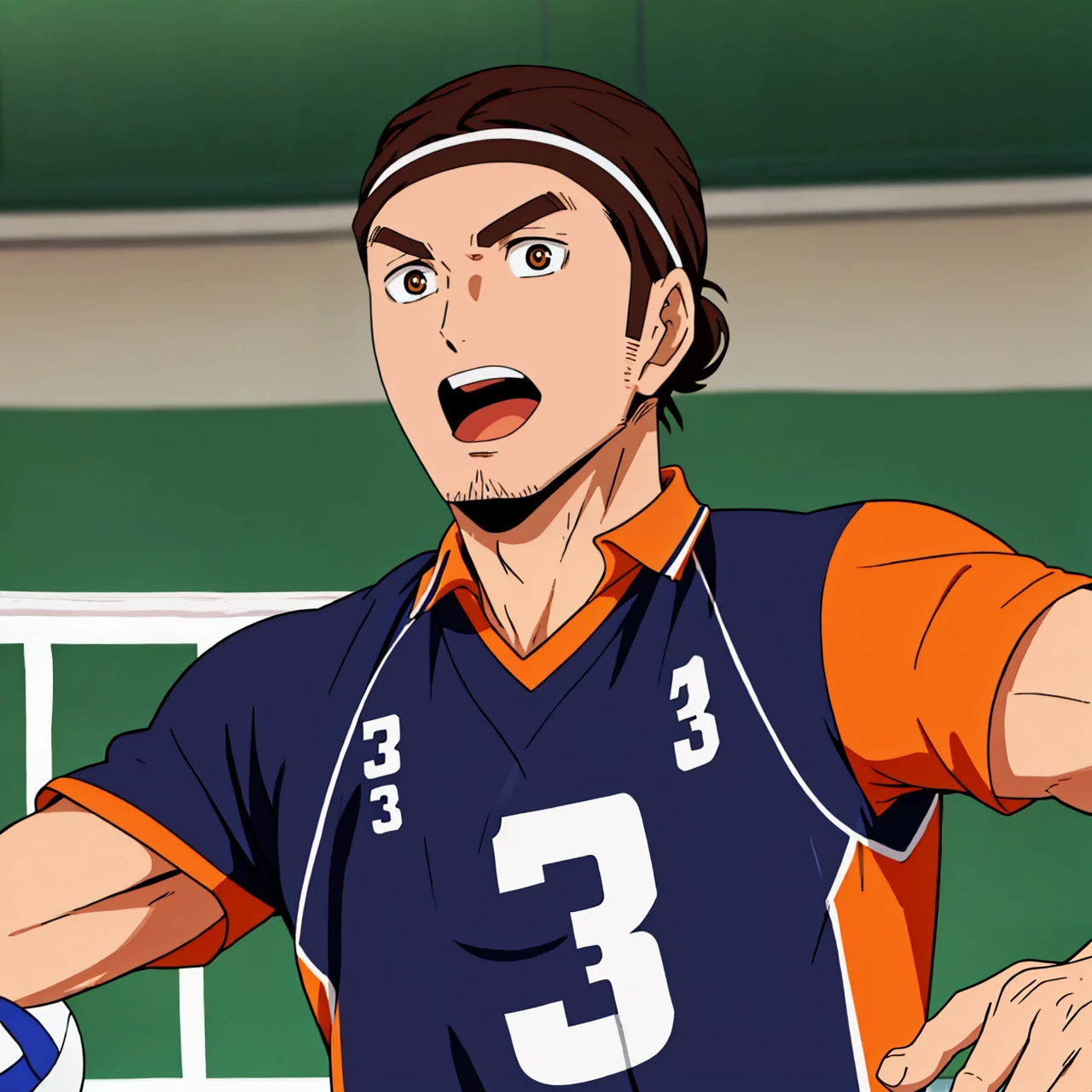 1man, solo, volleyball, asahi azumane, the anime haikyu, brown long headbanded hair, volleyball uniform, number 3, digit three, orange black uniform colors,  open mouth, scream,
masterpiece, best quality, epic, active pose,
<lora:Asahi_Azumane_Haikyu_V01:0.65>,   <lora:concept_aquascreaming:0.4> , <lora:crazyExpressions_crazyExpressions:0.4>