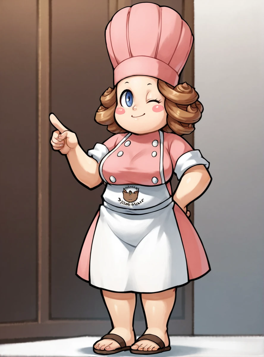 score_9, score_8_up, score_7_up, score_6_up, score_5_up, score_4_up , source_anime,  <lora:delicia:0.7>deliciascones, solo, hat, 1girl, chef hat, apron, brown hair, pink headwear, blush stickers curly hair,  blue eyes. kitchen,  smile, curvy thick thighs pointing at viewer wink, sandals,large breasts,