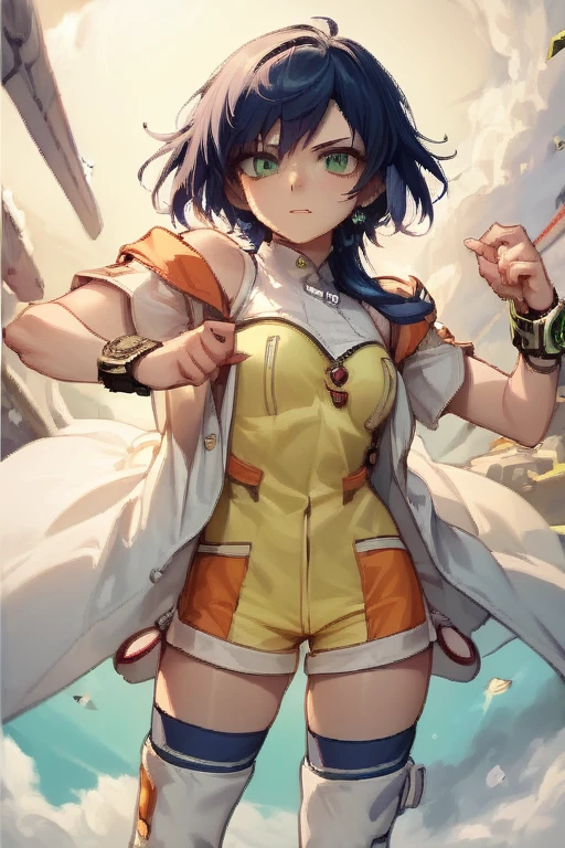 , score_9, score_8_up, score_7_up, source_cartoon, detailed,, fabia_Sheen, blue_hair, long_hair,  green_eyes, pink ear rings, white_coat, bare_shoulder, yellow_shirt, short_sleeves, shorts, yellow_shorts, orange_patches,blue thighhigh socks, white boots, wristwatch, <lora:Bakugan_Fabia_Sheen-08:1>