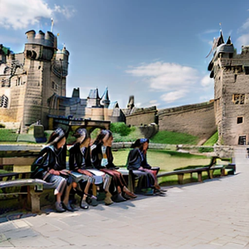 students sitting on a bench near the castle