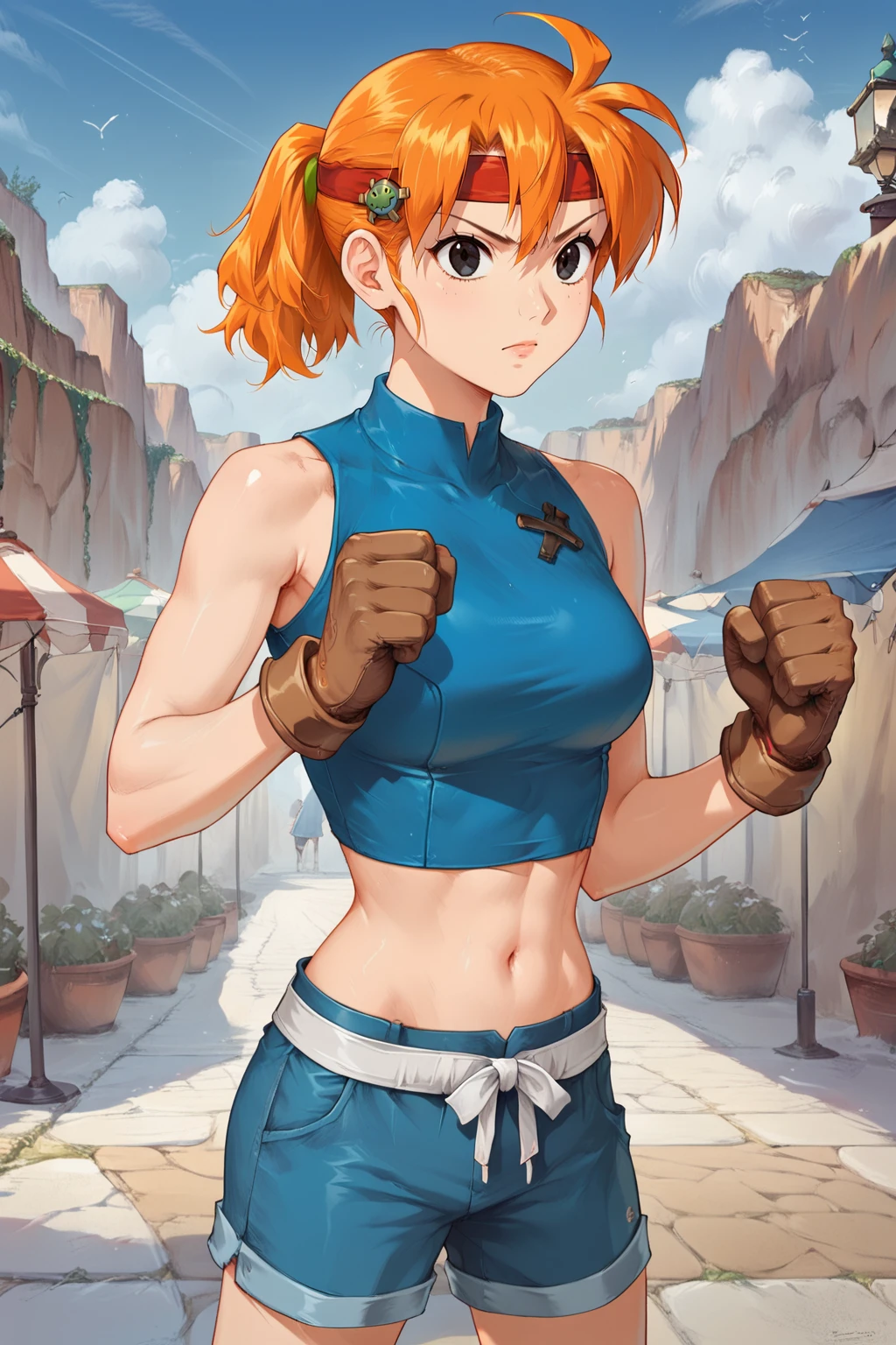 score_9, score_8_up, score_7_up, score_6_up, score_5_up, score_4_up, 1girl, (solo:1.3), source_anime, bau, orange hair, cowboy shot, ponytail, red headband, green hair ornament, black eyes, blue crop top, sleeveless, midriff, brown gloves, blue shorts, <lora:Baupony:0.75>, <lora:Concept Art Eclipse Style LoRA_Pony XL v6:0.6>, fist