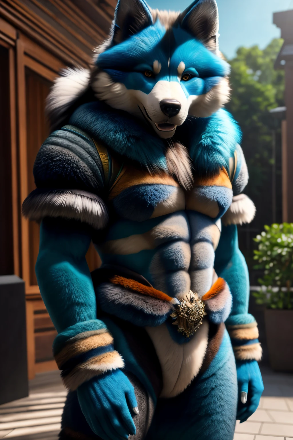 An adult muscular male Dalmatian fursuit alone at home outdoor posing for camera looking at viewer mesmerizing beautiful eyes and wearing thong extremely provocative and sensual blue hair