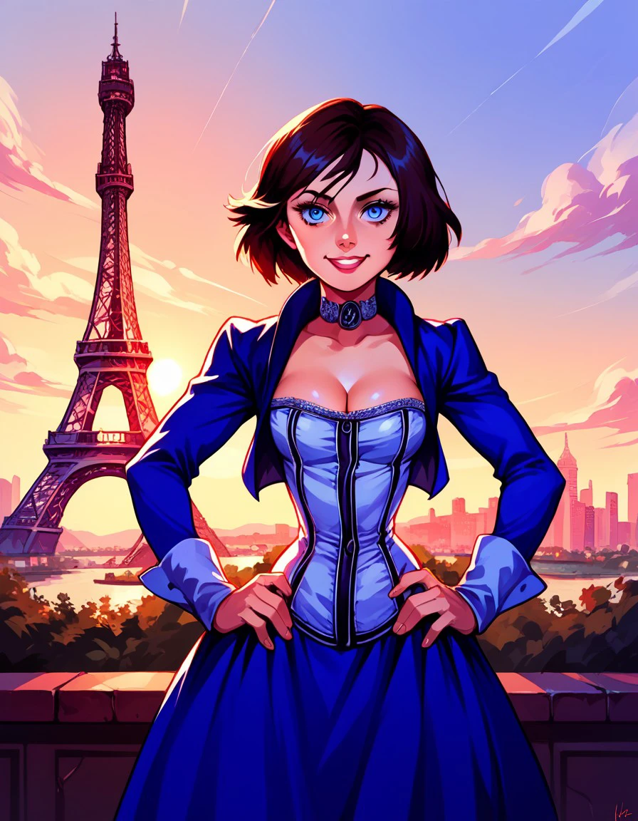 1girl, liz_bob, confident smile, corset, cleavage, jacket, hands on hips, blue dress, bioshock infinite, sunset, beautiful scenery, eiffel tower, 
score_9, score_8_up, score_7_up, source_anime, rating_questionable, , <lora:012fa14c-f51a-49a7-9d41-12ba9dbb18d5:0.7>, <lora:5c11beb3-f8e5-41dd-8fad-43b83ecd38d5:0.7>