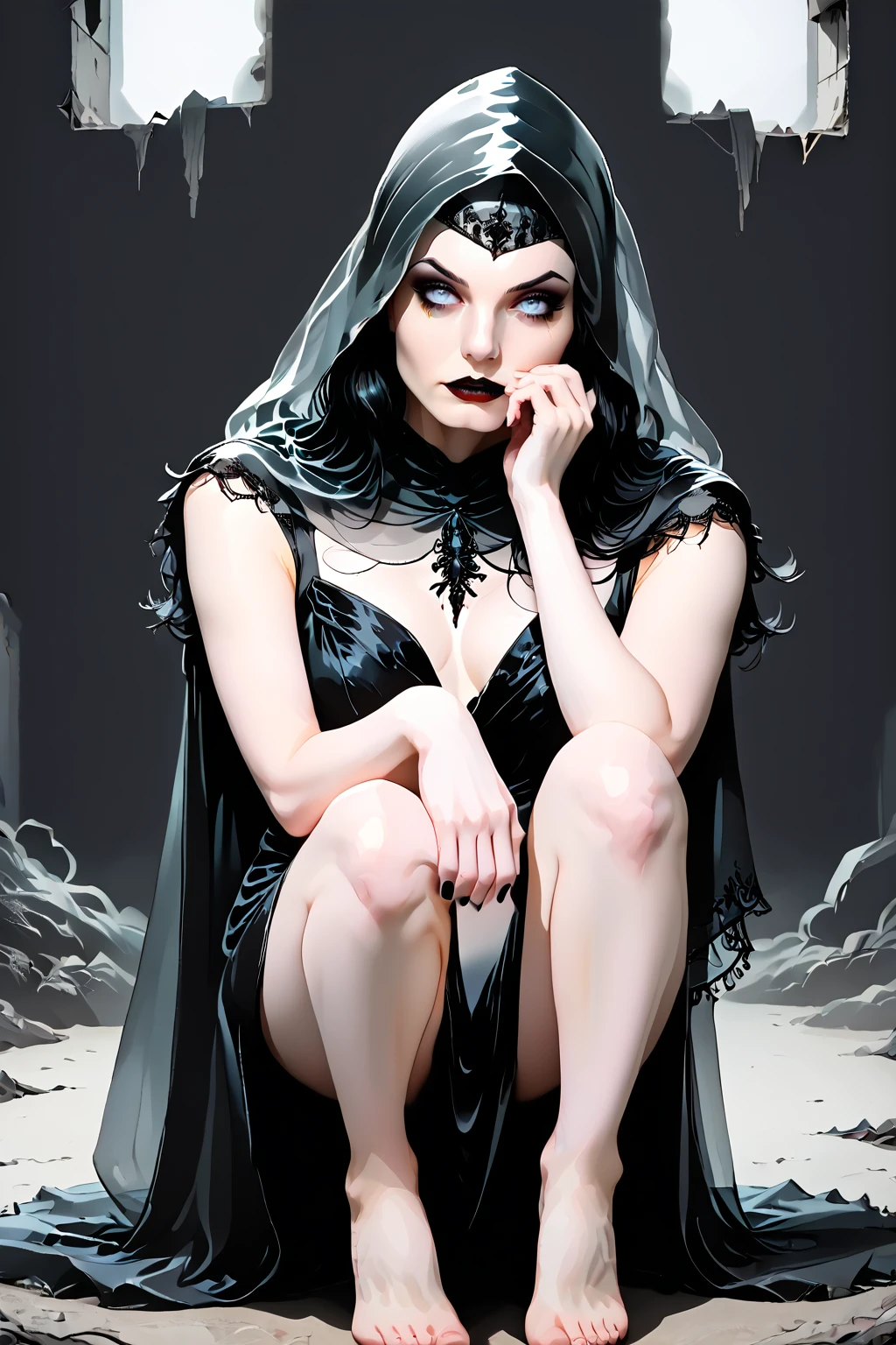 <lora:char_Mistress_Death_v2_PDXL_spamb0t:1>,Marvel_Mistress_Death,(elegant beauty,royal pose,sexually suggestive:1.3)
BREAK [SEP] long black hair,white skin,white eyes,black pupils
BREAK [SEP] black dress,black veil,black nails,barefoot,obscured nudity
BREAK [SEP] (wearing hood,covered head,obscured face,long black cloak)
BREAK [SEP] Crouching with one hand on the ground,old ruins,destroyed history,gloomy abstract background,beautiful death \(entity\)
BREAK [SEP] high quality,film grain
BREAK [SEP] looking at viewer seductively,cowboy shot,insanely detailed,best quality,masterpiece,(photorealistic)