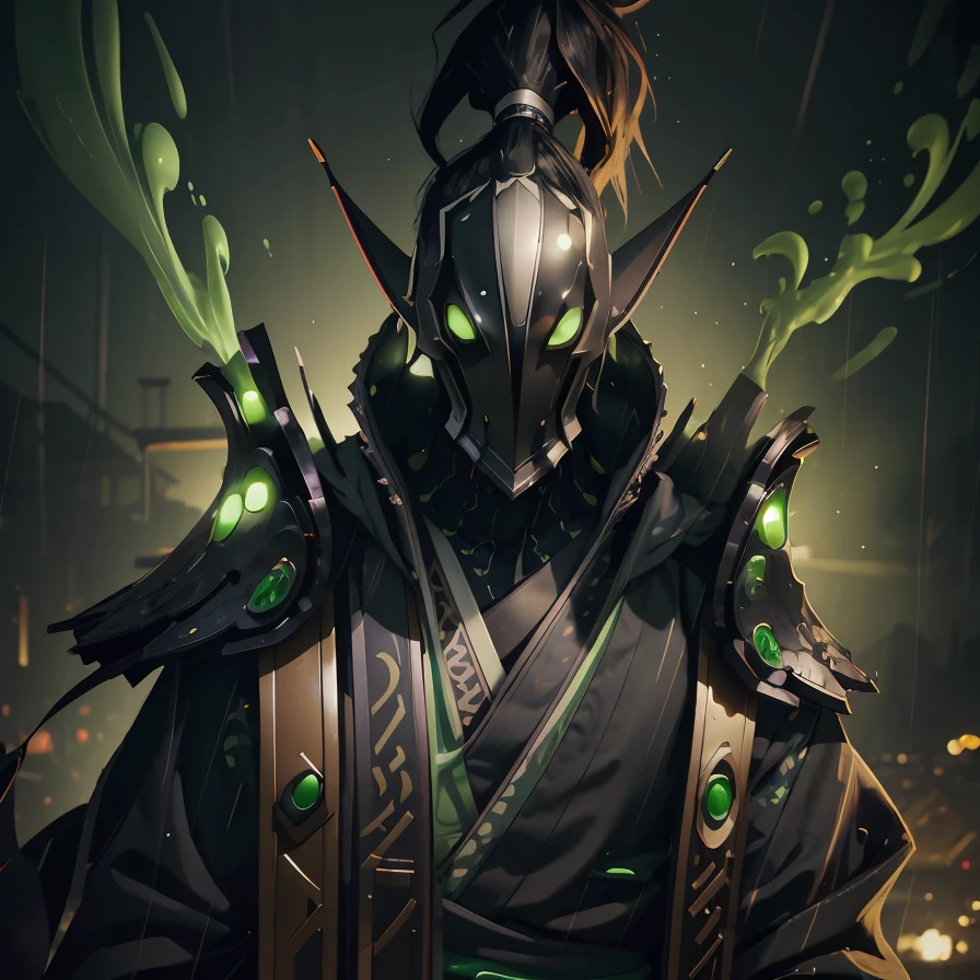 <lora:Rubick:1>, 1boy, (rubick:1.1), wizard, green magic, (samurai:1.2), samurai clothes, (black kimono:1.2), cyberpunk background, cyberpunk lights, neon lights, (rain:1.1), epic, cinematic, ninja, (katana:1.2),  (Style-DA:1.1), (Style-DoF:1.2), (mask:1.2), black and white mask, rubick mask, high detailed, high quality, masterpiece, perfect, intricate detailes, aesthetic, Painting, intricate details, modern-style colour illustration, detailed setting, freckles, reaction frame, erotic aesthetics,