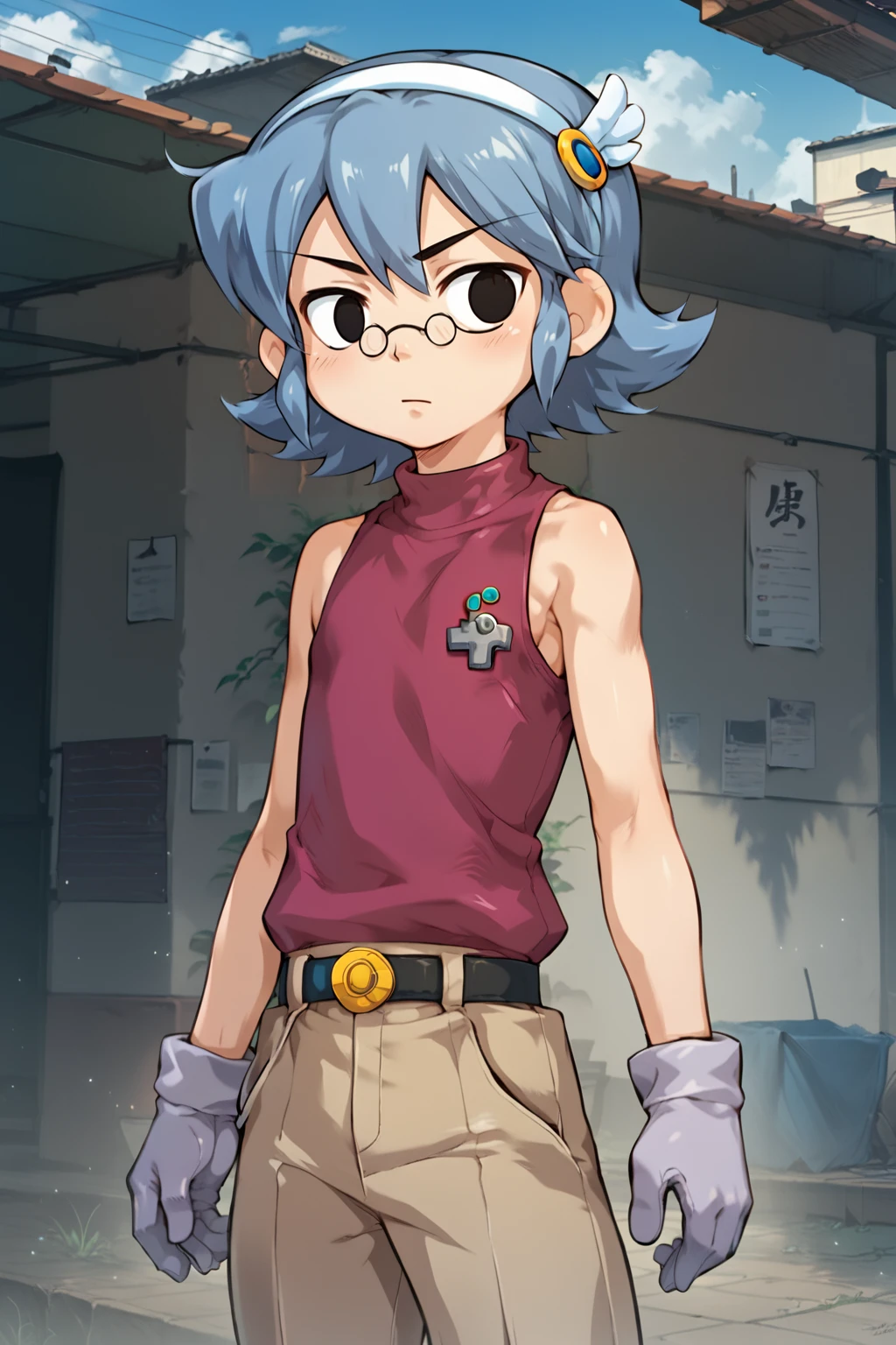 score_9, score_8_up, score_7_up, score_6_up, score_5_up, score_4_up, source_anime, cowboy shot, solo, outdoors, deliki, kid, blue hair, hair ornament, white hairband, (black eyes:1.3), glasses, magenta shirts, turtleneck, sleeveless, white gloves, belt, pant, <lora:Delikipony:0.85>, <lora:Concept Art Eclipse Style LoRA_Pony XL v6:0.6>